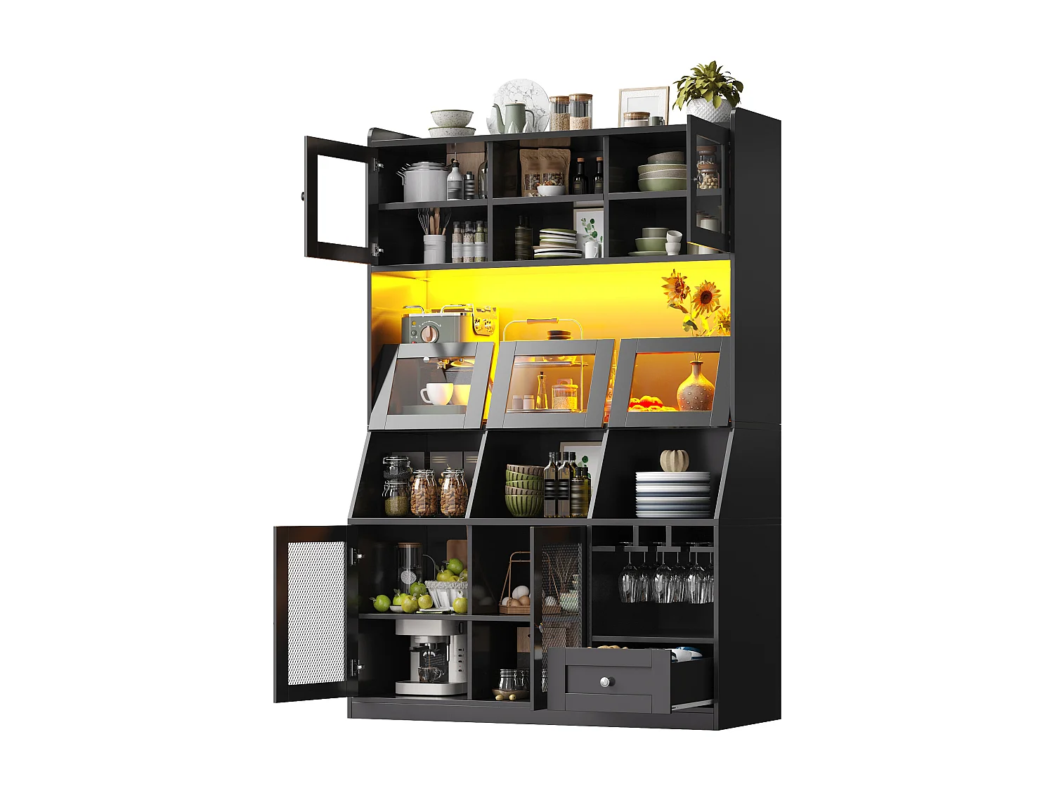 Buffet haut de cuisine - 120 x 40 x 181.7 cm - avec USB + Leds + portes + étagères - MDF - noir