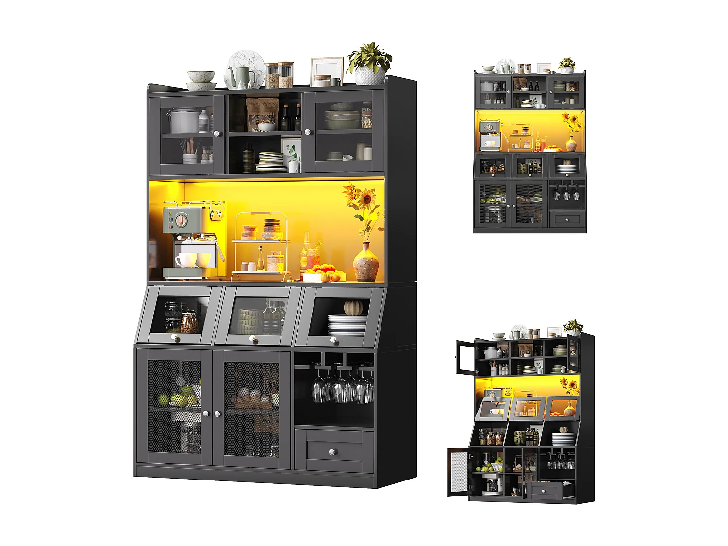 Buffet haut de cuisine - 120 x 40 x 181.7 cm - avec USB + Leds + portes + étagères - MDF - noir
