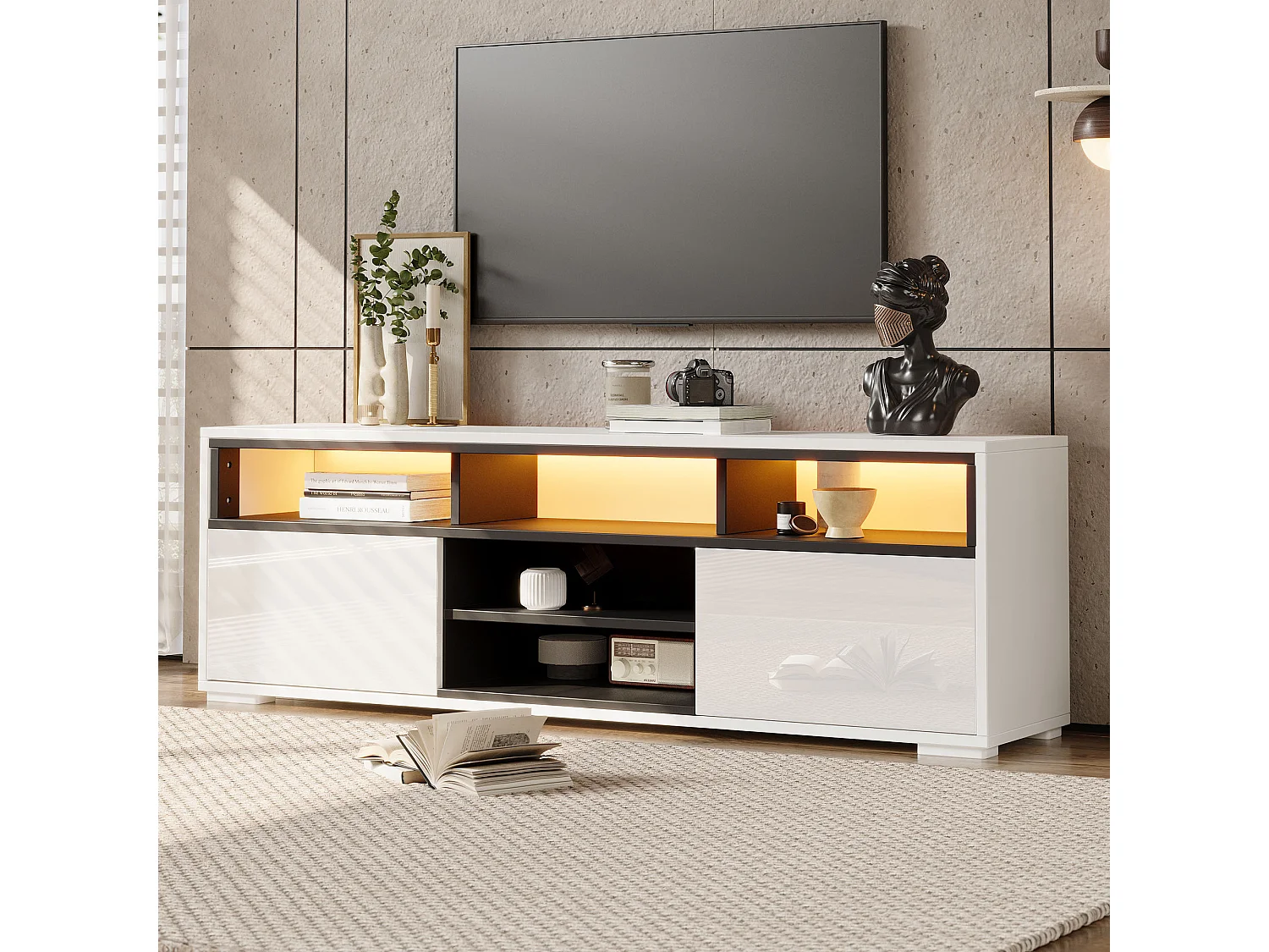 Szafka RTV lakierowana do salonu - 150 x 35 x 50 cm = z 2 drzwiami + półki + diody LED - płyta wiórowa - biała