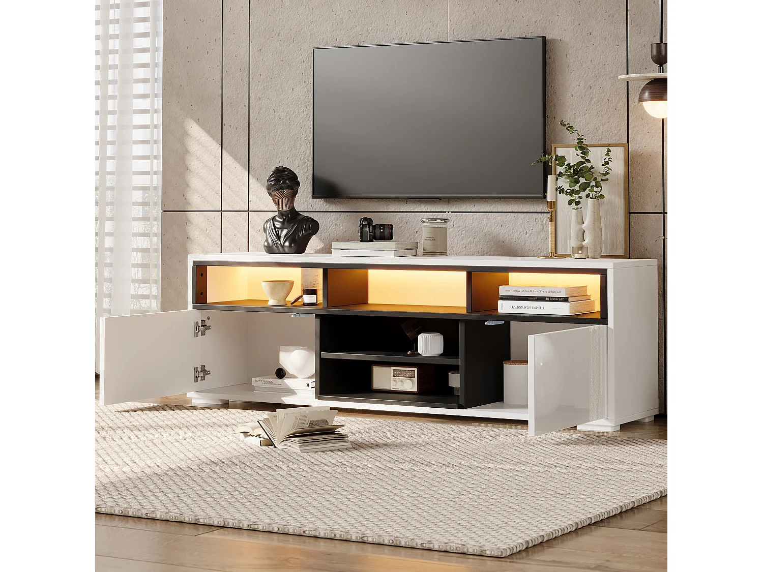 Szafka RTV lakierowana do salonu - 150 x 35 x 50 cm = z 2 drzwiami + półki + diody LED - płyta wiórowa - biała