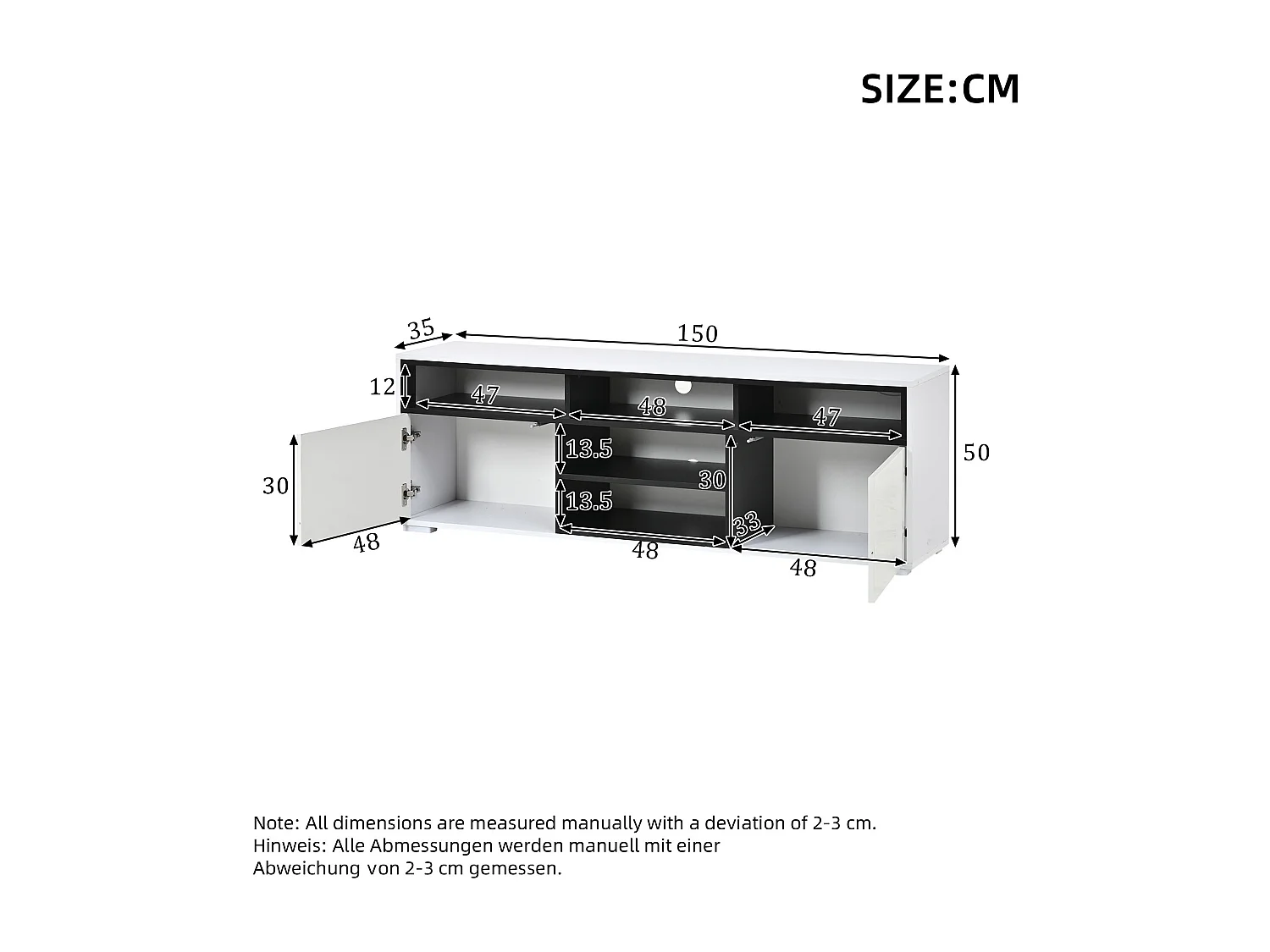Szafka RTV lakierowana do salonu - 150 x 35 x 50 cm = z 2 drzwiami + półki + diody LED - płyta wiórowa - biała