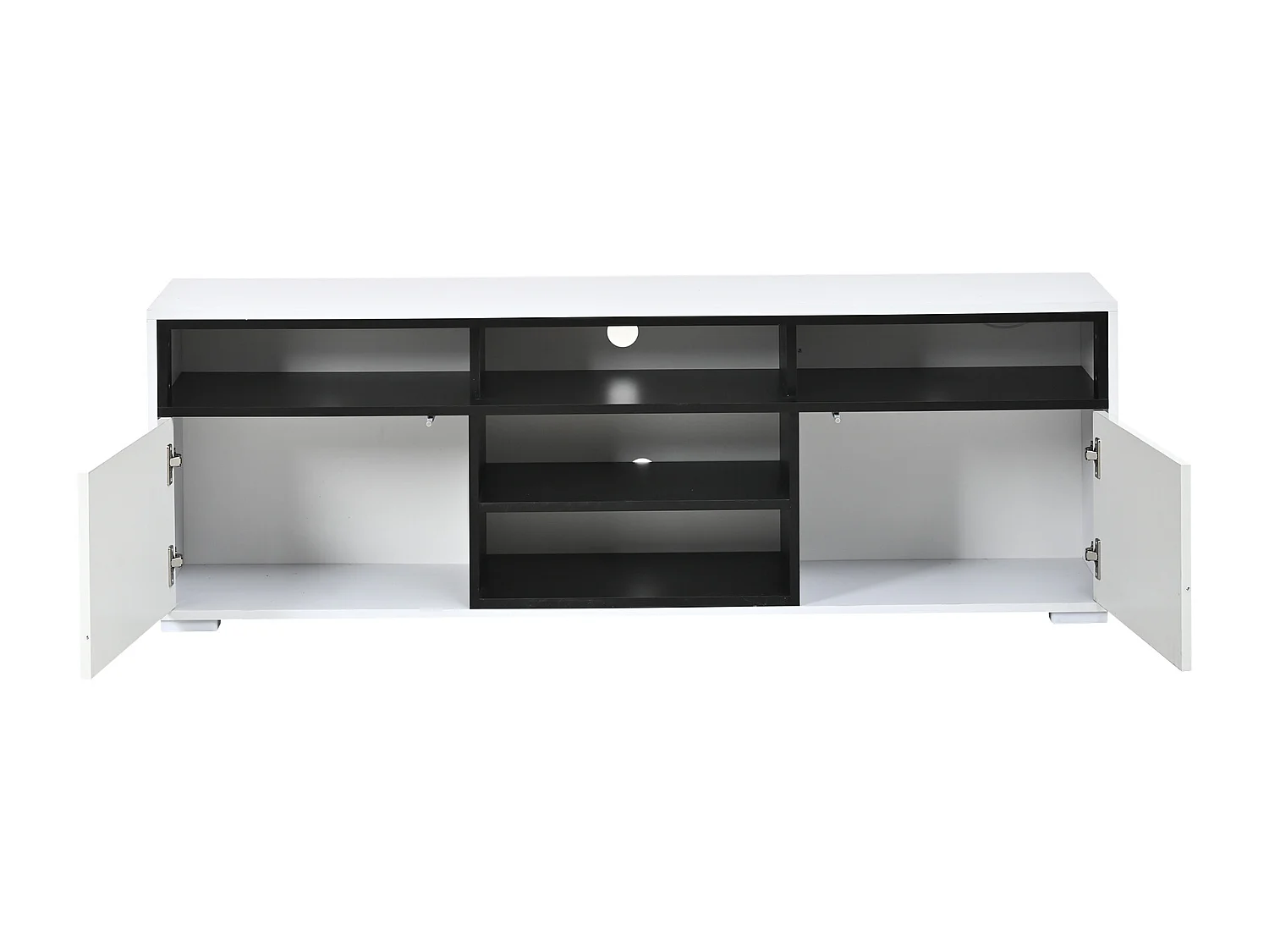 Szafka RTV lakierowana do salonu - 150 x 35 x 50 cm = z 2 drzwiami + półki + diody LED - płyta wiórowa - biała