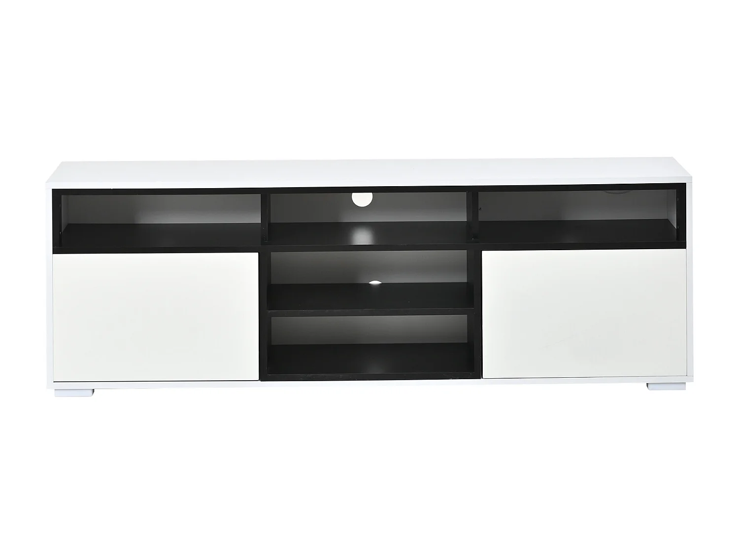 Szafka RTV lakierowana do salonu - 150 x 35 x 50 cm = z 2 drzwiami + półki + diody LED - płyta wiórowa - biała