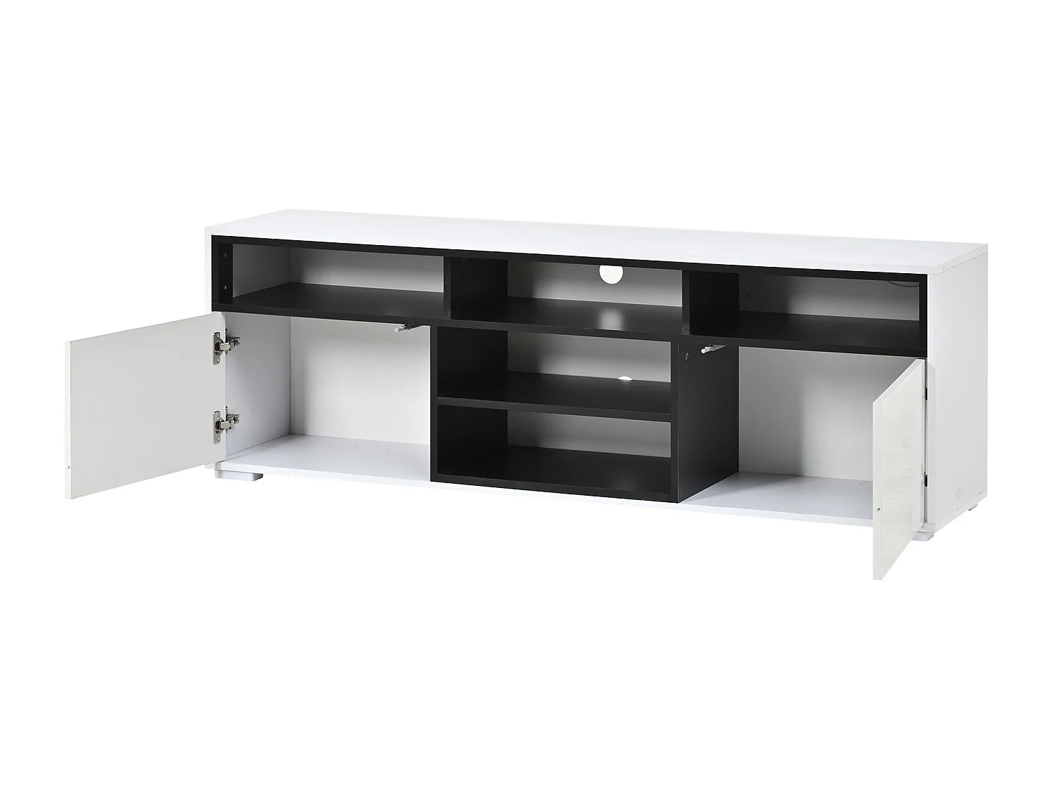 Szafka RTV lakierowana do salonu - 150 x 35 x 50 cm = z 2 drzwiami + półki + diody LED - płyta wiórowa - biała