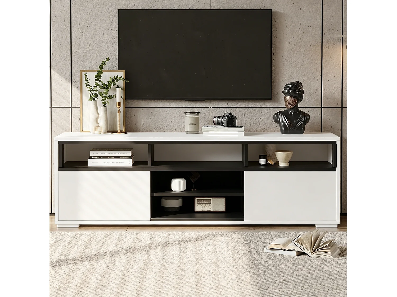 Szafka RTV lakierowana do salonu - 150 x 35 x 50 cm = z 2 drzwiami + półki + diody LED - płyta wiórowa - biała
