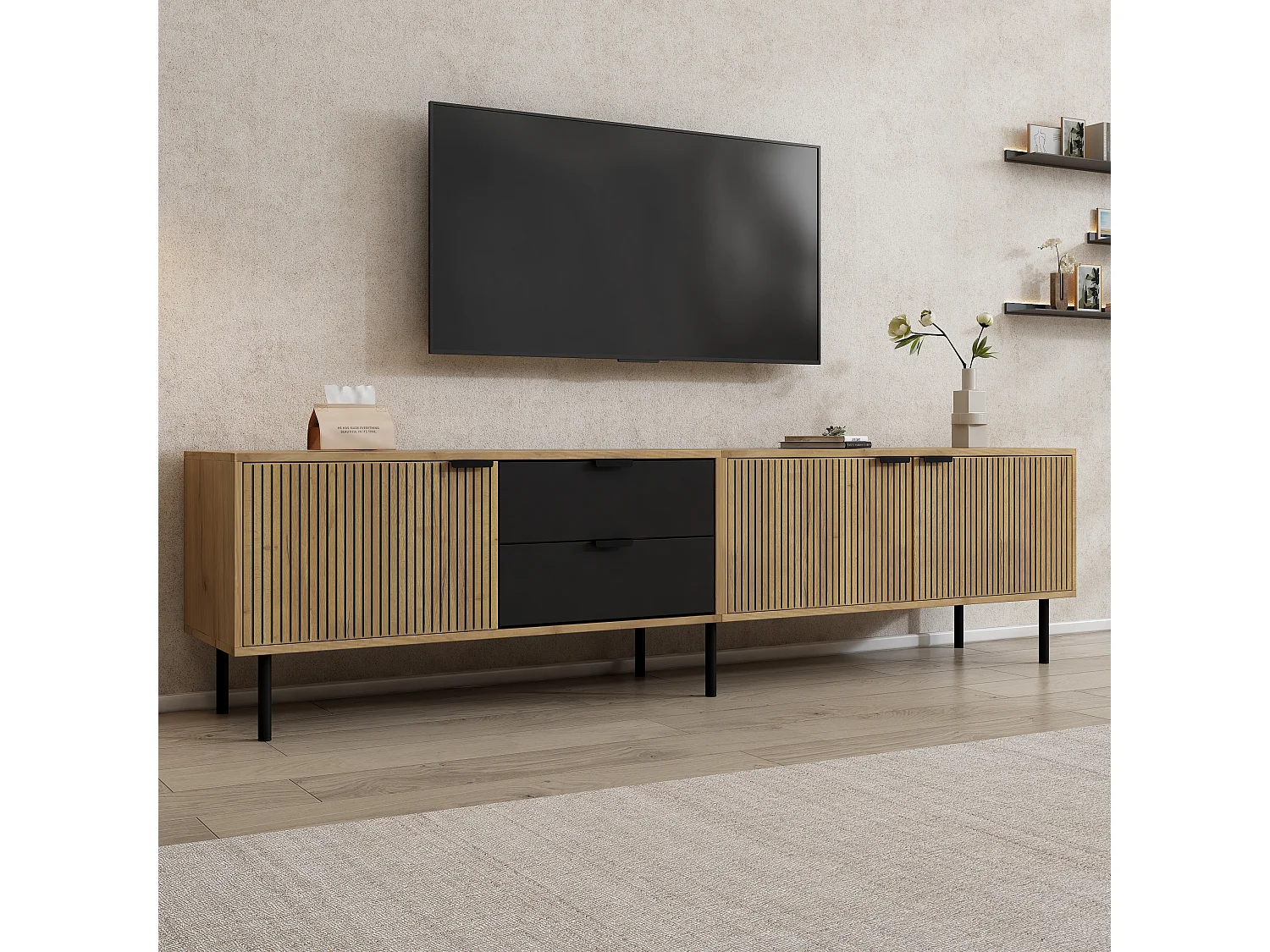 Meuble TV pour salon - 208 x 40 x 48 cm - avec 2 tiroirs + 3 portes - pour TV 85 pouces - aggloméré - naturel