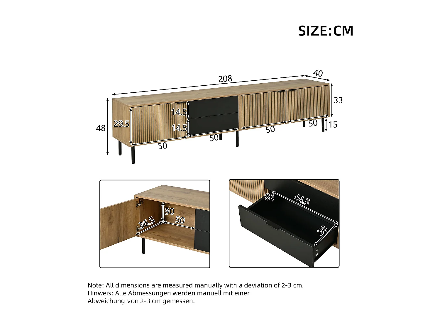 Meuble TV pour salon - 208 x 40 x 48 cm - avec 2 tiroirs + 3 portes - pour TV 85 pouces - aggloméré - naturel