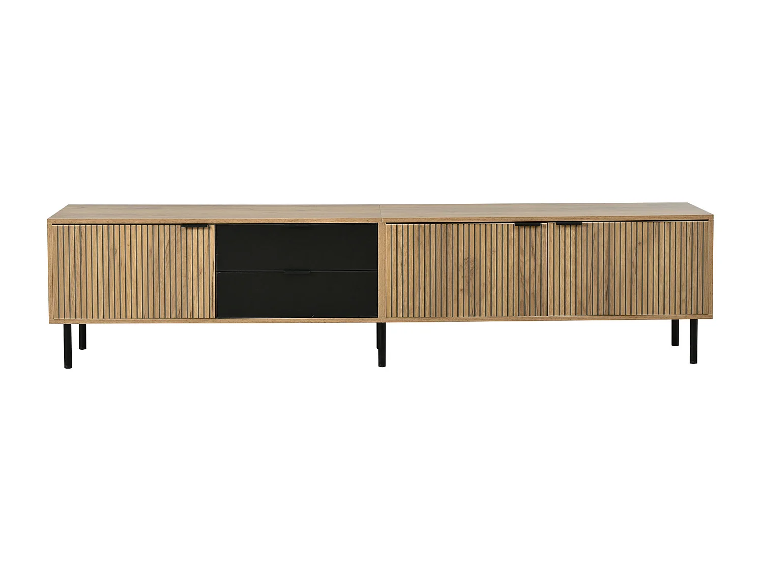 Meuble TV pour salon - 208 x 40 x 48 cm - avec 2 tiroirs + 3 portes - pour TV 85 pouces - aggloméré - naturel
