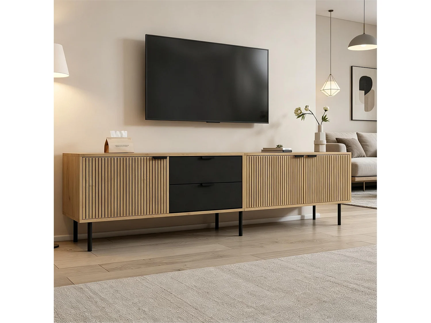 Meuble TV pour salon - 208 x 40 x 48 cm - avec 2 tiroirs + 3 portes - pour TV 85 pouces - aggloméré - naturel