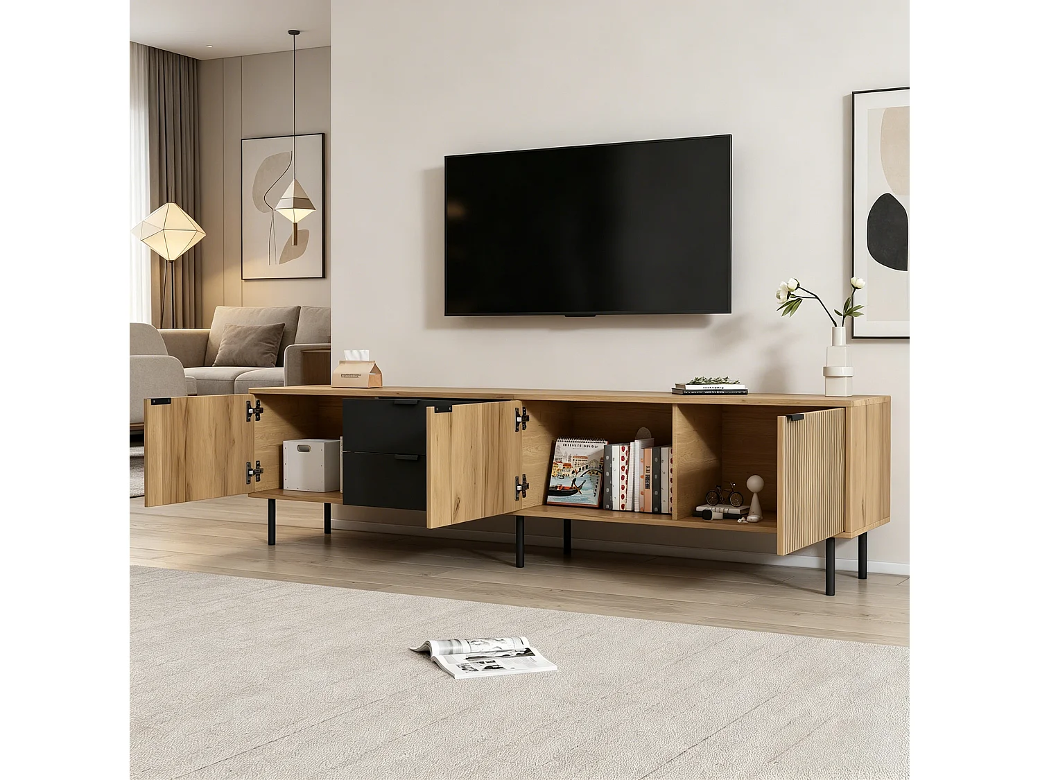 Meuble TV pour salon - 208 x 40 x 48 cm - avec 2 tiroirs + 3 portes - pour TV 85 pouces - aggloméré - naturel