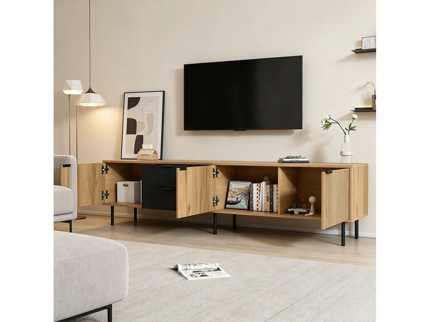 Meuble TV pour salon - 208 x 40 x 48 cm - avec 2 tiroirs + 3 portes - pour TV 85 pouces - aggloméré - naturel
