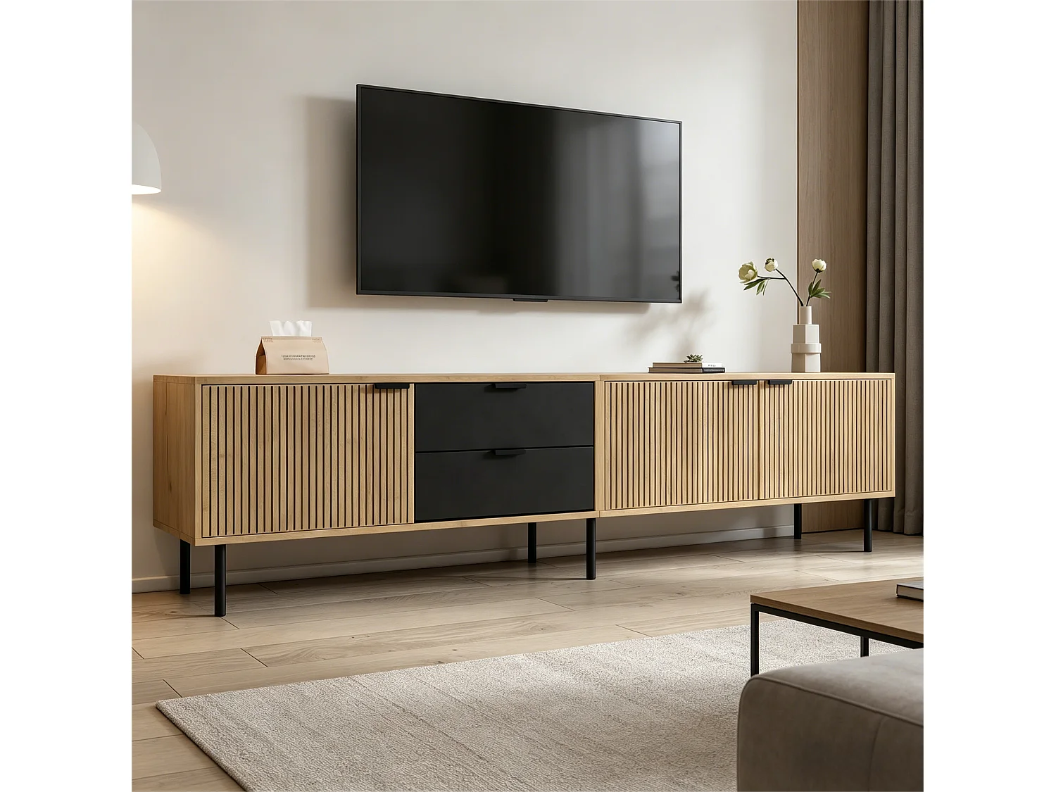 Meuble TV pour salon - 208 x 40 x 48 cm - avec 2 tiroirs + 3 portes - pour TV 85 pouces - aggloméré - naturel