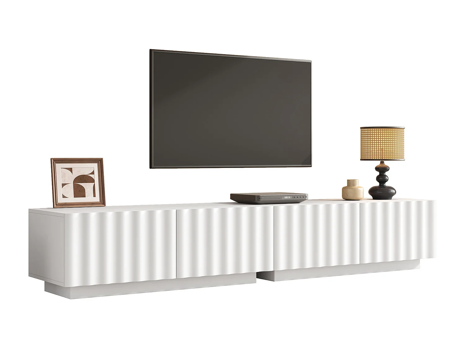 Meuble TV bas moderne avec façade ondulée - 200 x 40 x 35 cm - avec tiroirs - pour salon - MDF + aggloméré - blanc