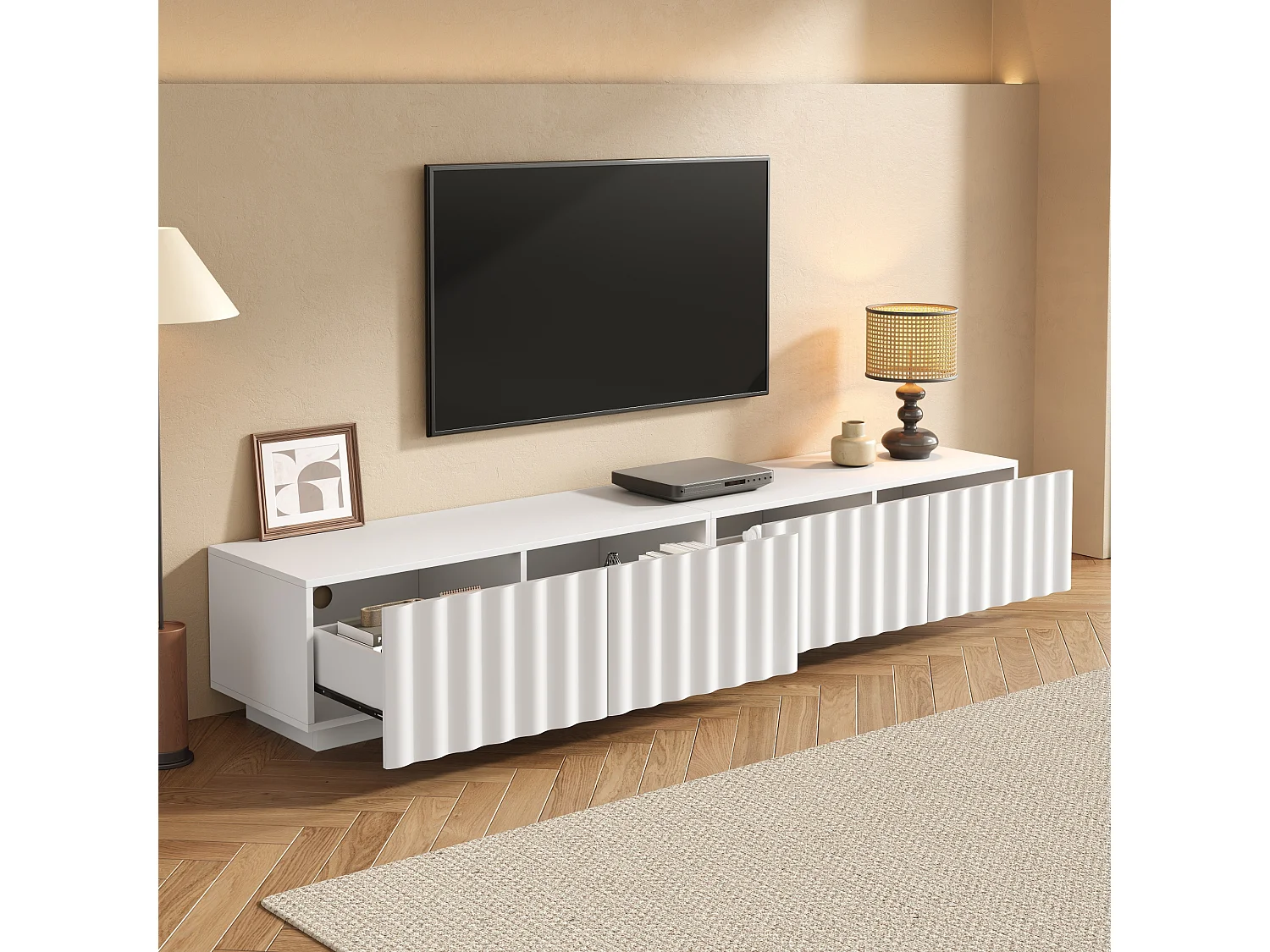 Meuble TV bas moderne avec façade ondulée - 200 x 40 x 35 cm - avec tiroirs - pour salon - MDF + aggloméré - blanc