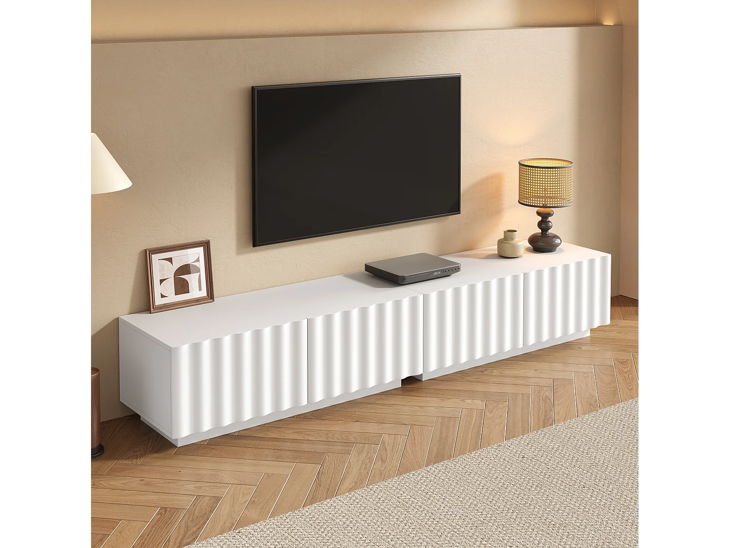 Meuble TV bas moderne avec façade ondulée - 200 x 40 x 35 cm - avec tiroirs - pour salon - MDF + aggloméré - blanc