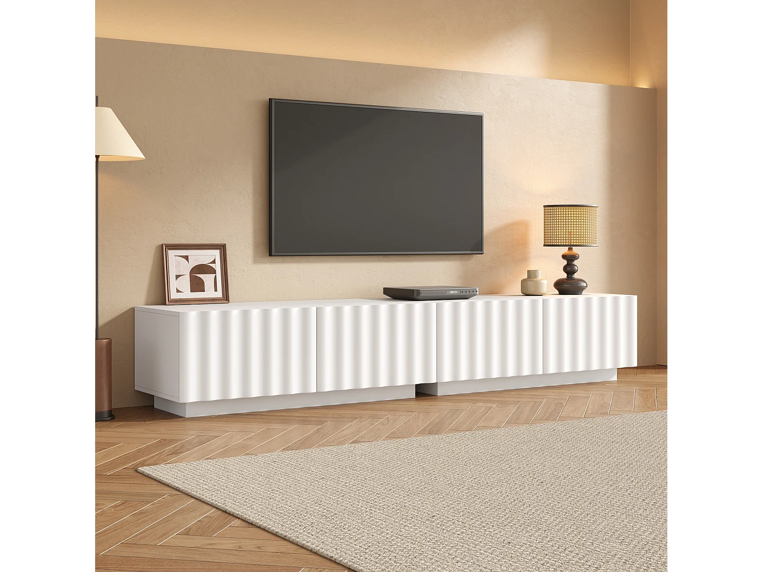 Meuble TV bas moderne avec façade ondulée - 200 x 40 x 35 cm - avec tiroirs - pour salon - MDF + aggloméré - blanc