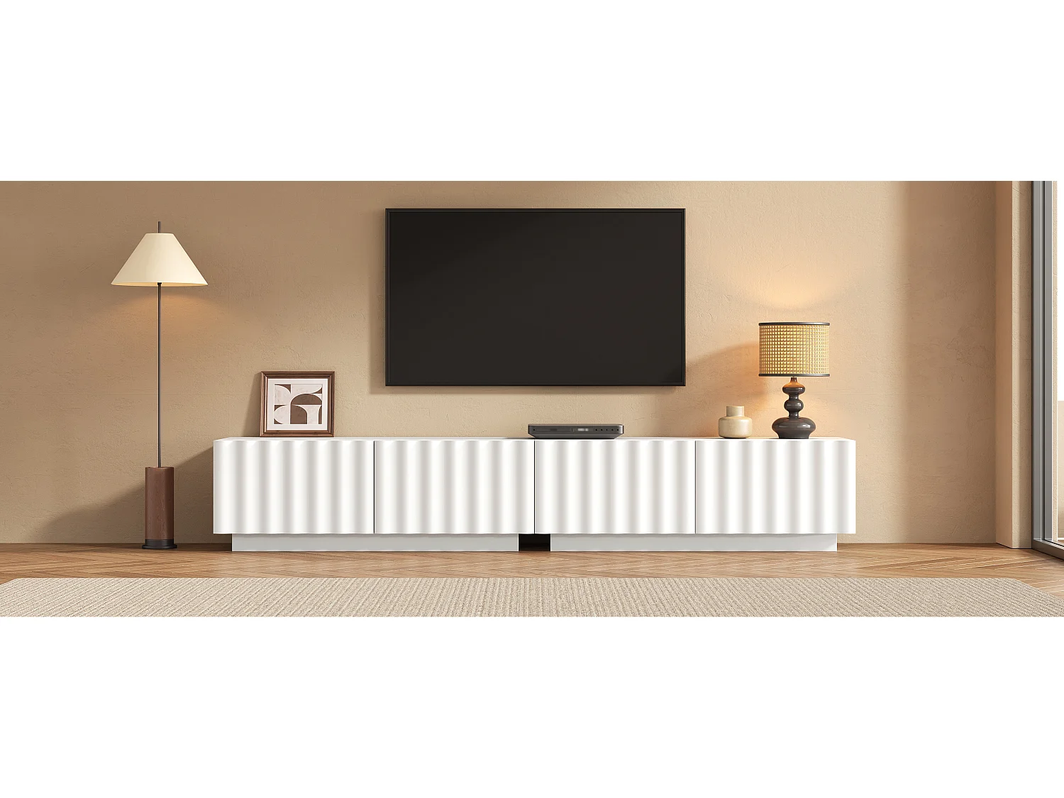 Meuble TV bas moderne avec façade ondulée - 200 x 40 x 35 cm - avec tiroirs - pour salon - MDF + aggloméré - blanc