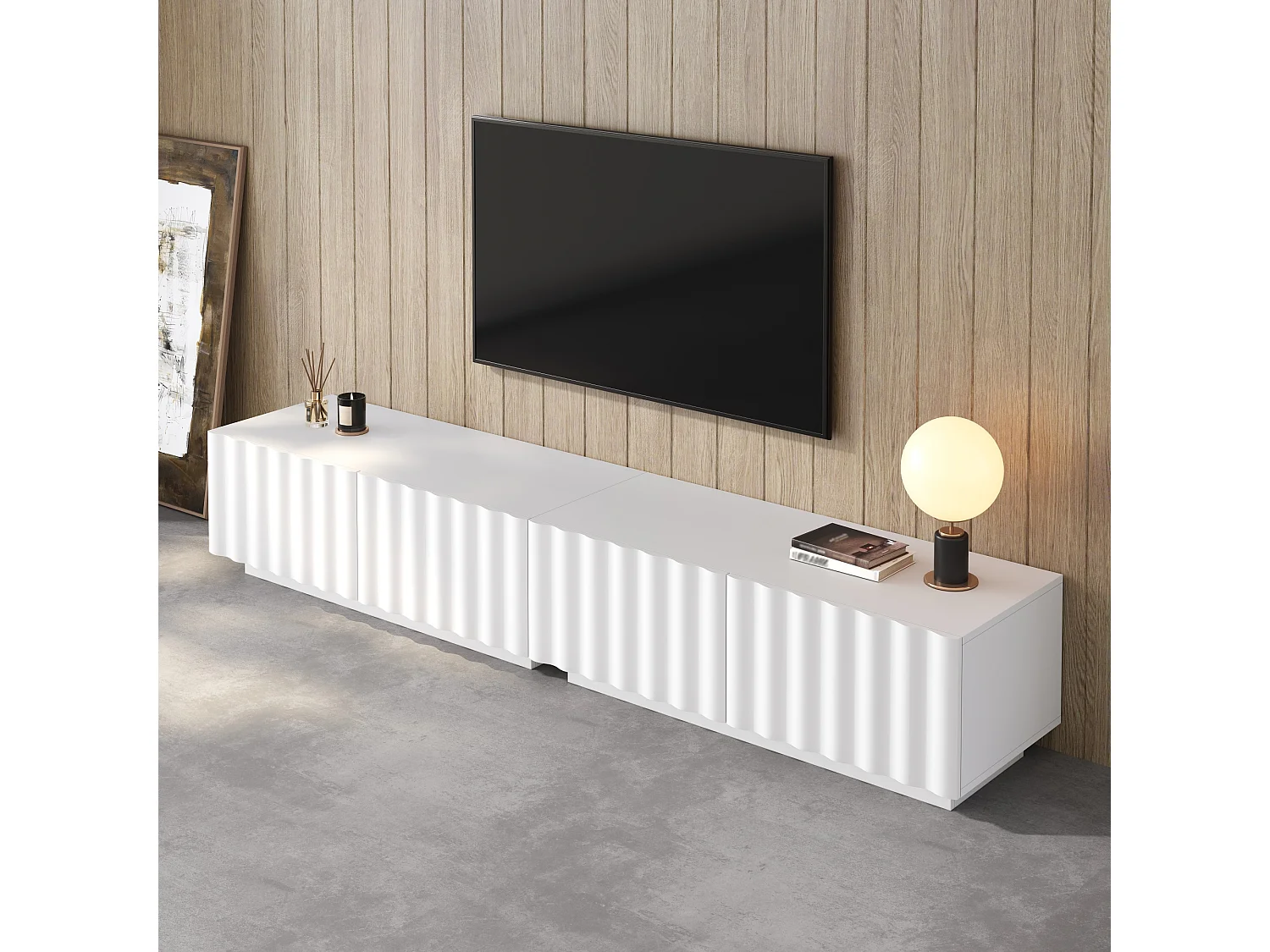 Meuble TV bas moderne avec façade ondulée - 200 x 40 x 35 cm - avec tiroirs - pour salon - MDF + aggloméré - blanc