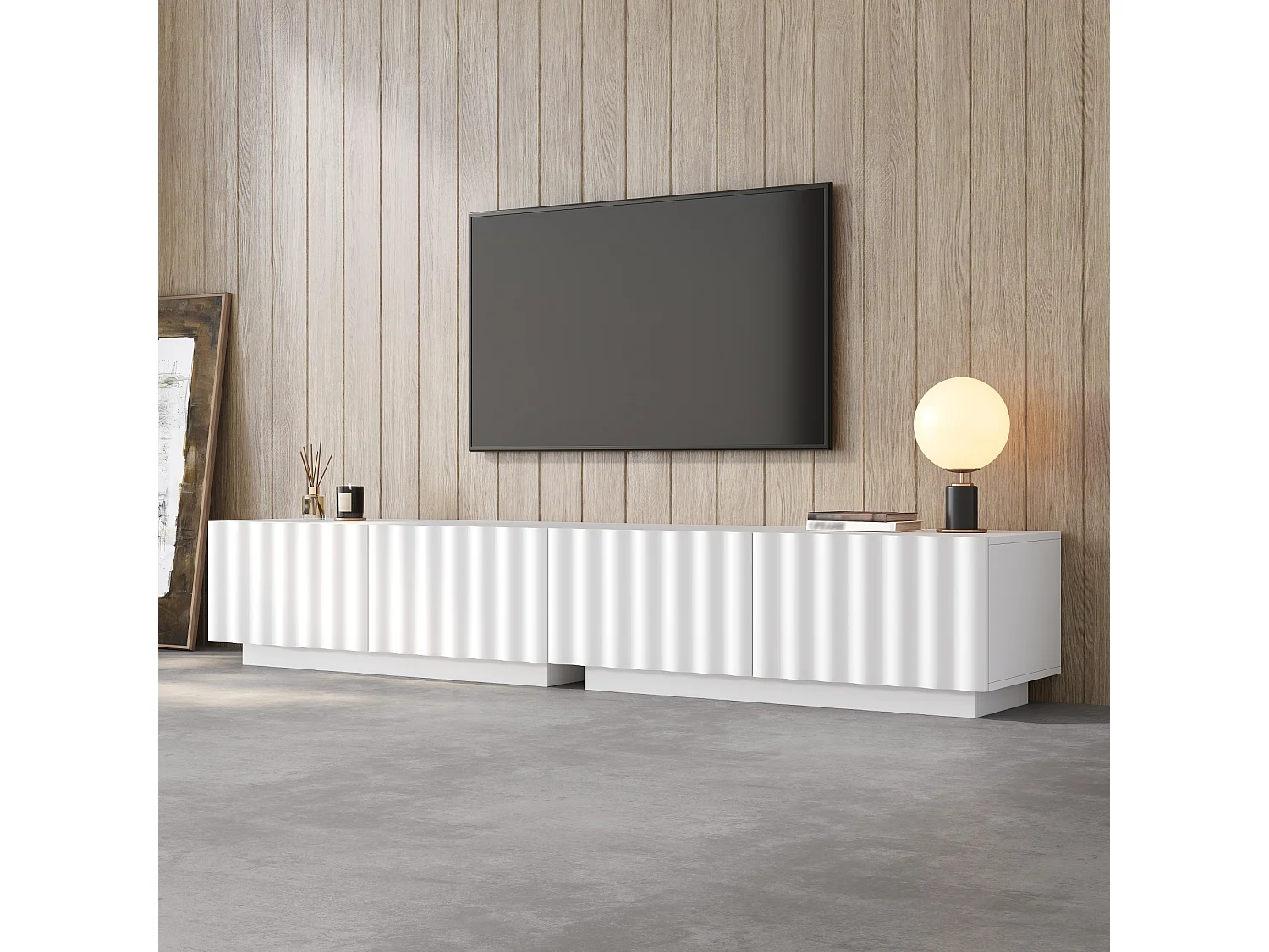 Meuble TV bas moderne avec façade ondulée - 200 x 40 x 35 cm - avec tiroirs - pour salon - MDF + aggloméré - blanc