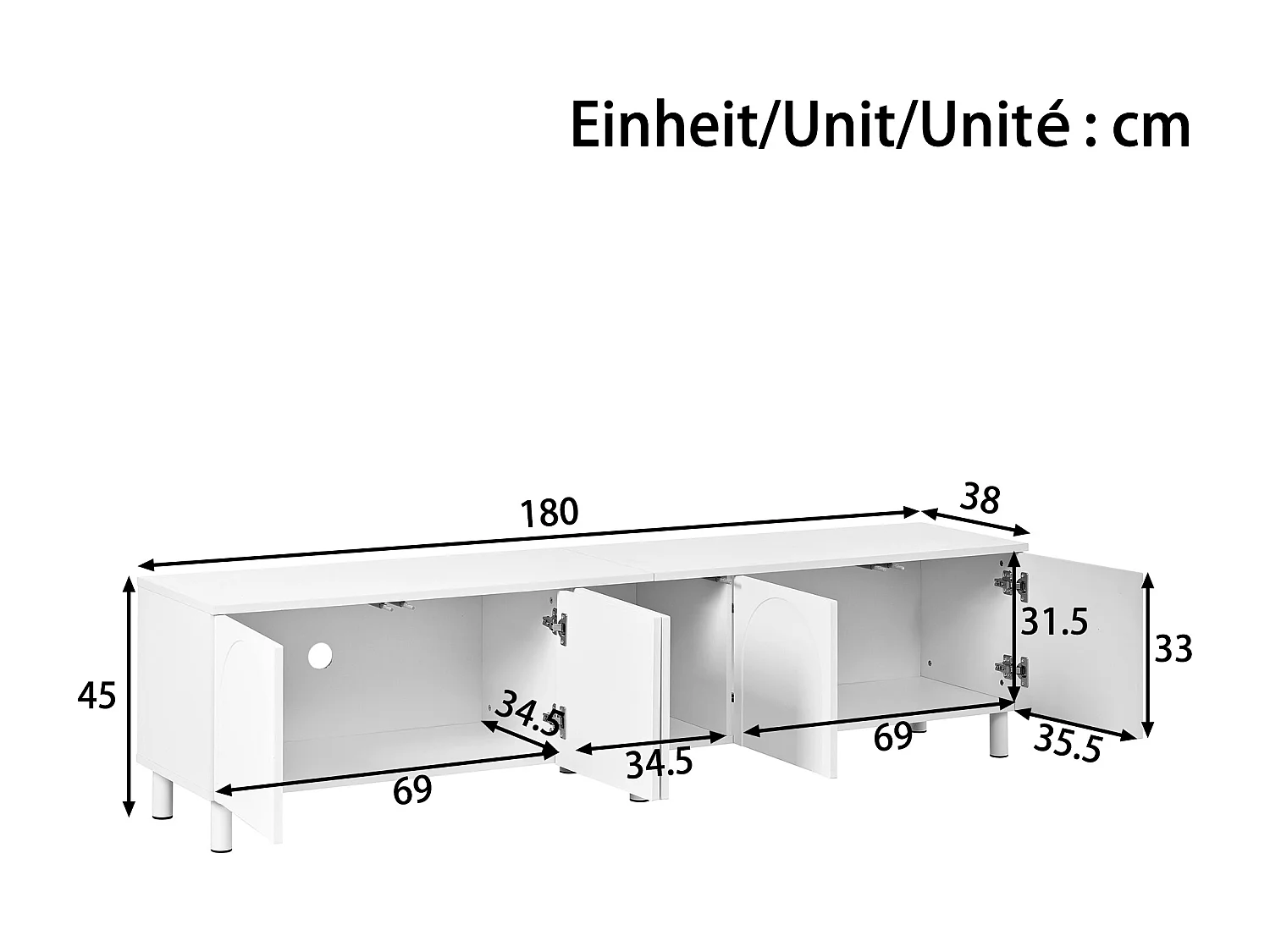 Meuble TV bas pour salon - 180 x 38 x 45 cm - avec 5 portes - pieds en métal - MDF - blanc