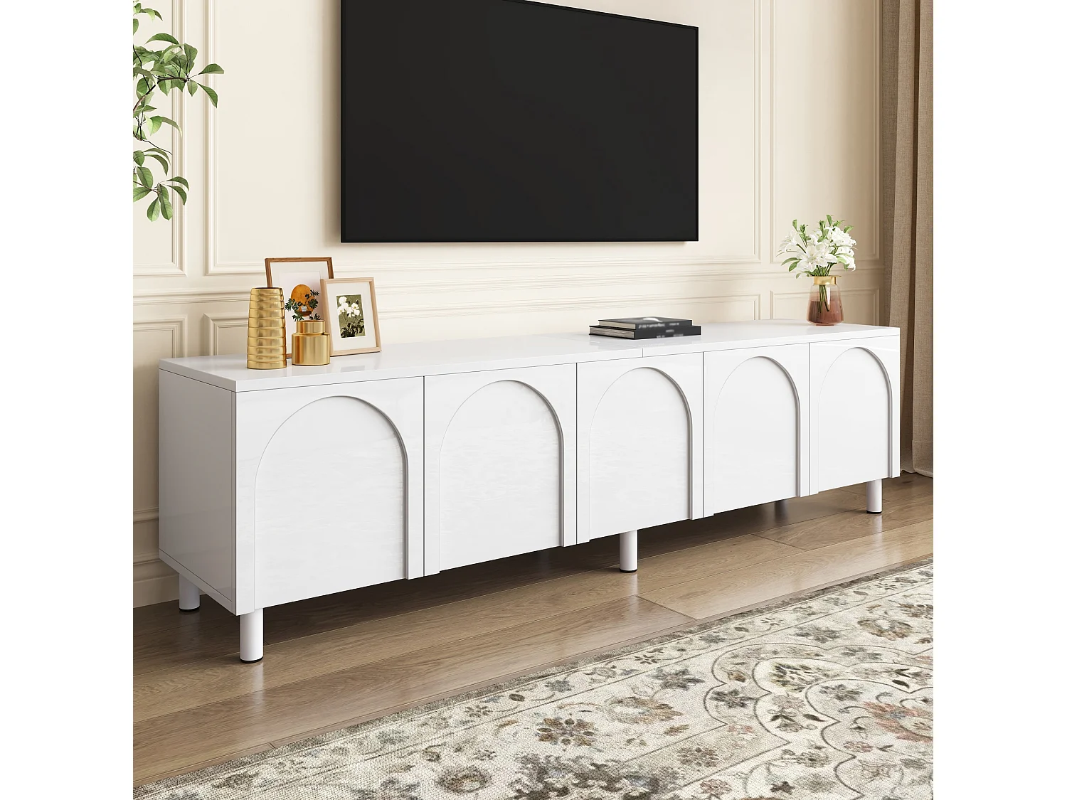 Meuble TV bas pour salon - 180 x 38 x 45 cm - avec 5 portes - pieds en métal - MDF - blanc
