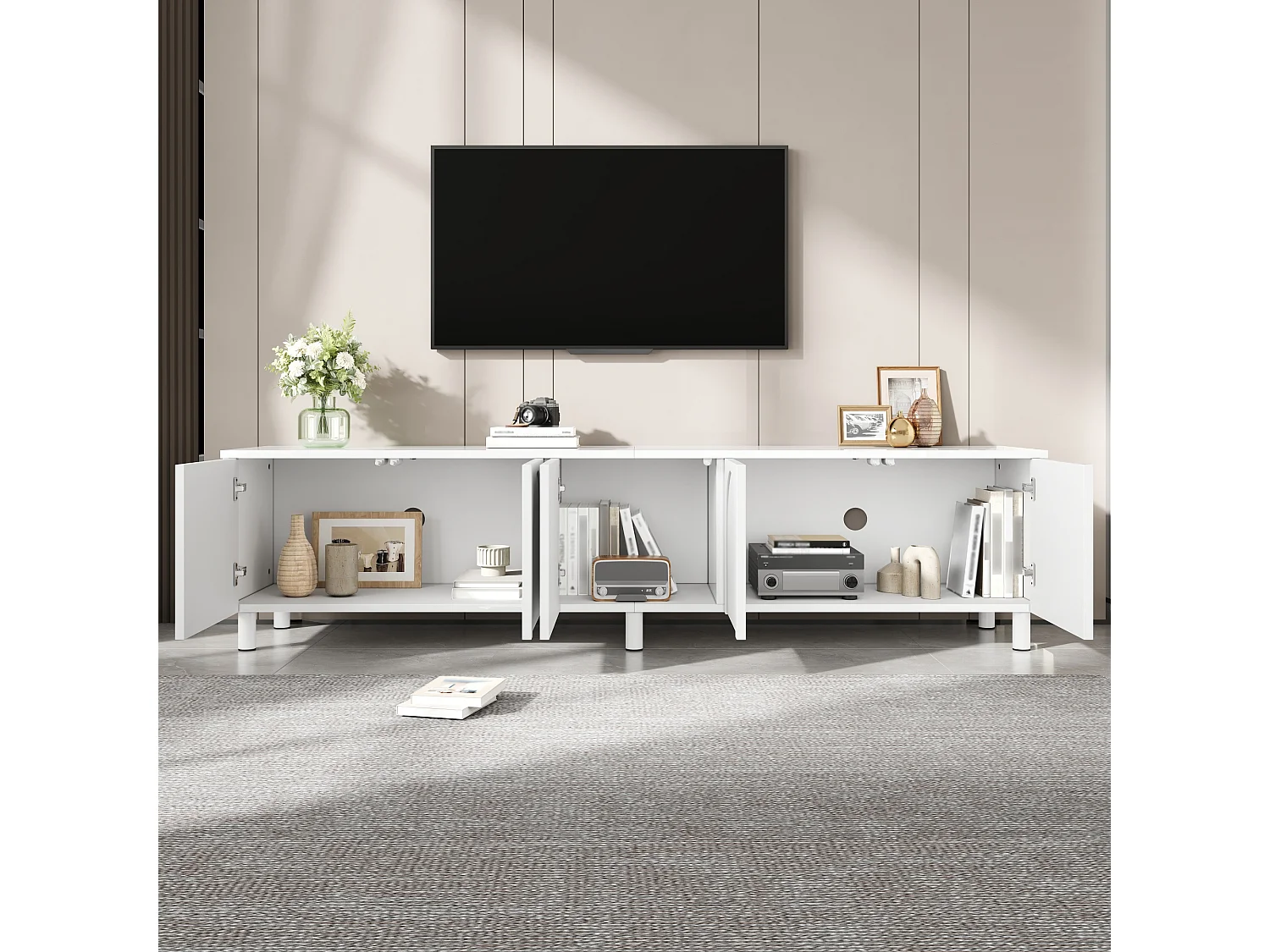 Meuble TV bas pour salon - 180 x 38 x 45 cm - avec 5 portes - pieds en métal - MDF - blanc