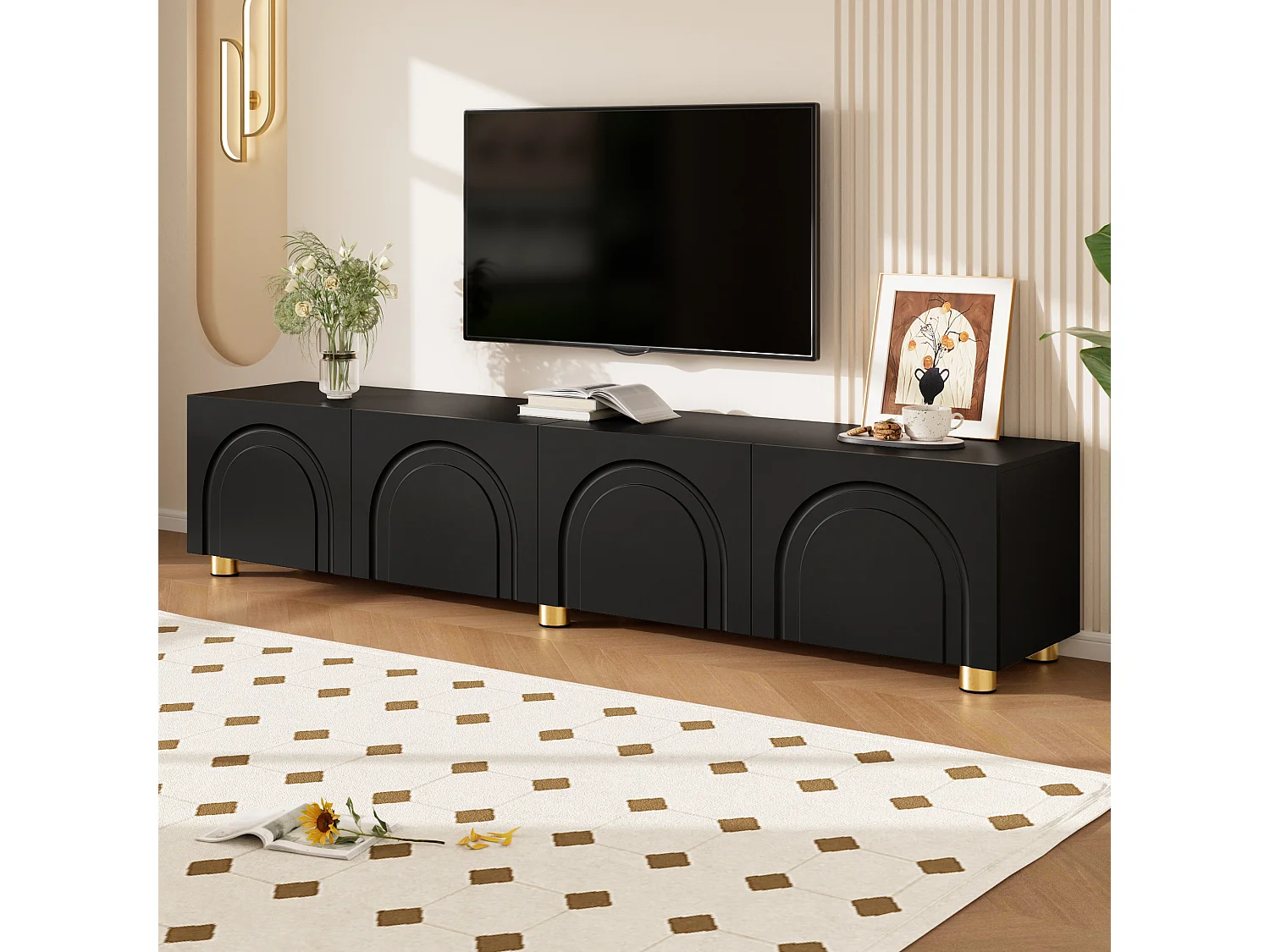Moderne lage tv-standaard voor de woonkamer - 180 x 35 x 40 cm - met 4 deuren - metalen poten - MDF + spaanplaat - zwart