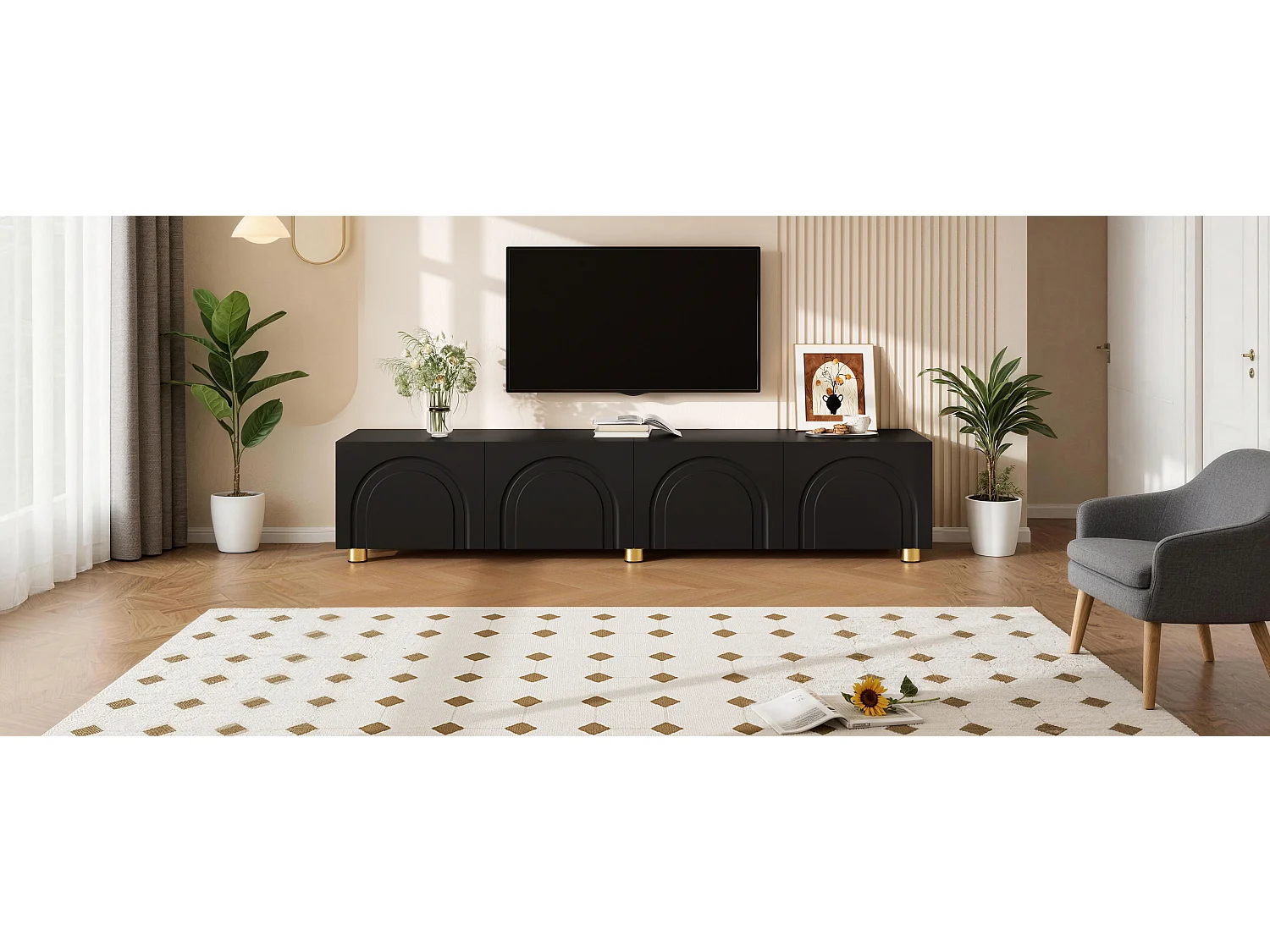 Moderne lage tv-standaard voor de woonkamer - 180 x 35 x 40 cm - met 4 deuren - metalen poten - MDF + spaanplaat - zwart