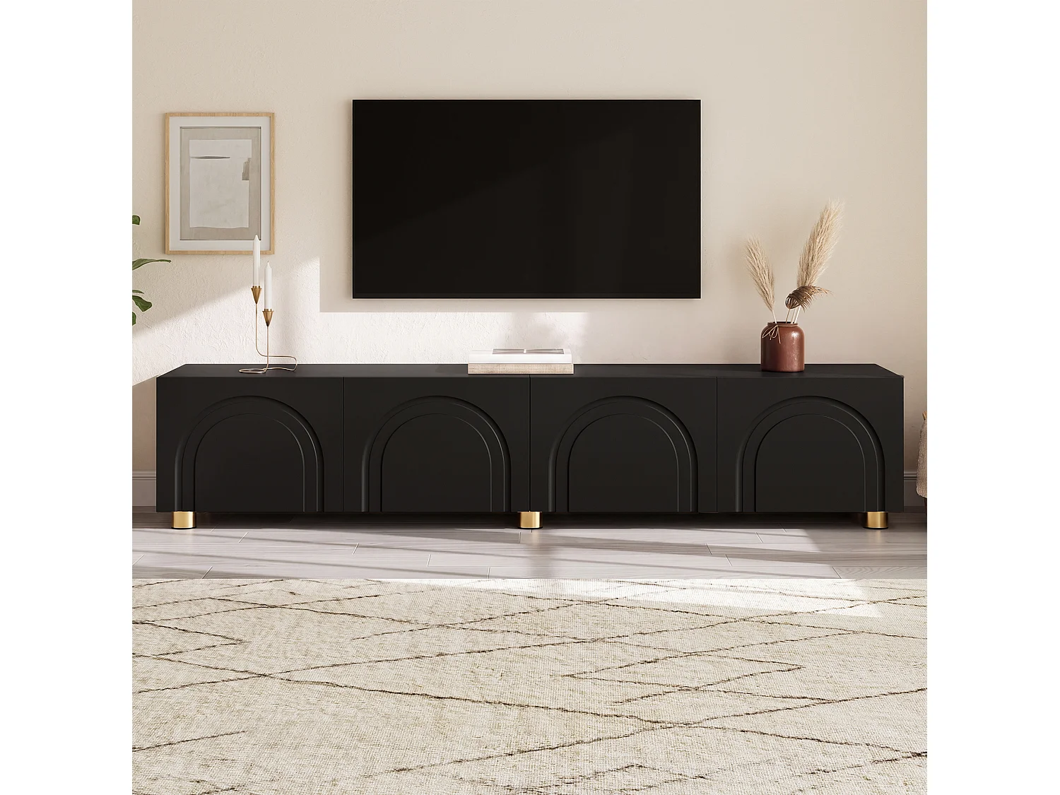 Moderne lage tv-standaard voor de woonkamer - 180 x 35 x 40 cm - met 4 deuren - metalen poten - MDF + spaanplaat - zwart