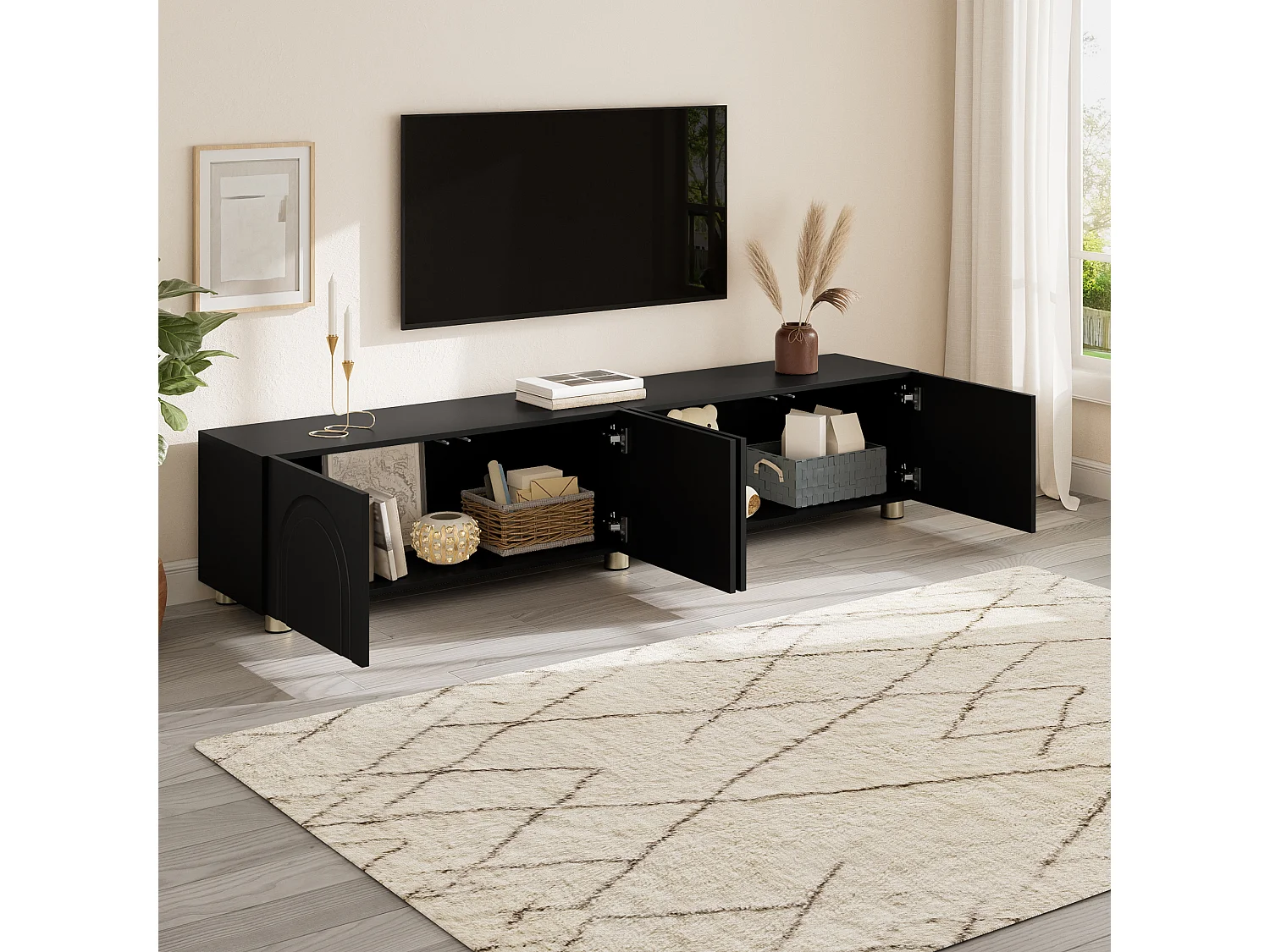 Moderne lage tv-standaard voor de woonkamer - 180 x 35 x 40 cm - met 4 deuren - metalen poten - MDF + spaanplaat - zwart