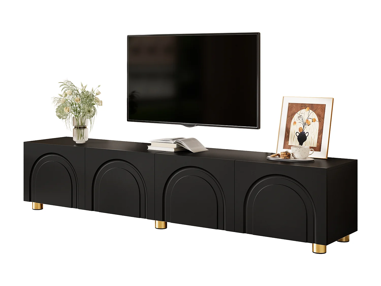 Moderne lage tv-standaard voor de woonkamer - 180 x 35 x 40 cm - met 4 deuren - metalen poten - MDF + spaanplaat - zwart