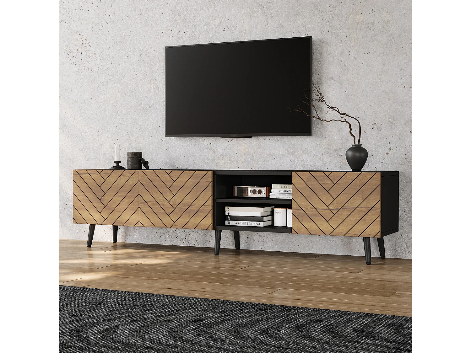 Moderne lage tv-standaard voor de woonkamer - 180 x 33,5 x 45 cm - met 3 deuren + plank - spaanplaat - naturel + zwart