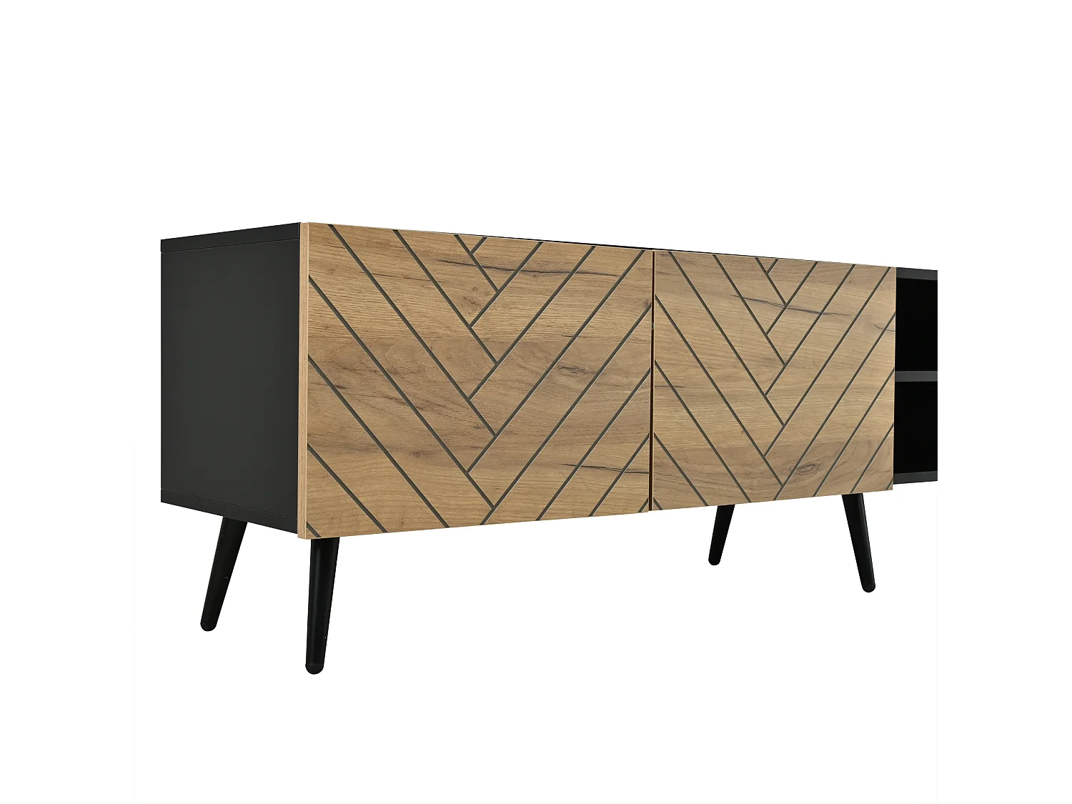 Moderne lage tv-standaard voor de woonkamer - 180 x 33,5 x 45 cm - met 3 deuren + plank - spaanplaat - naturel + zwart