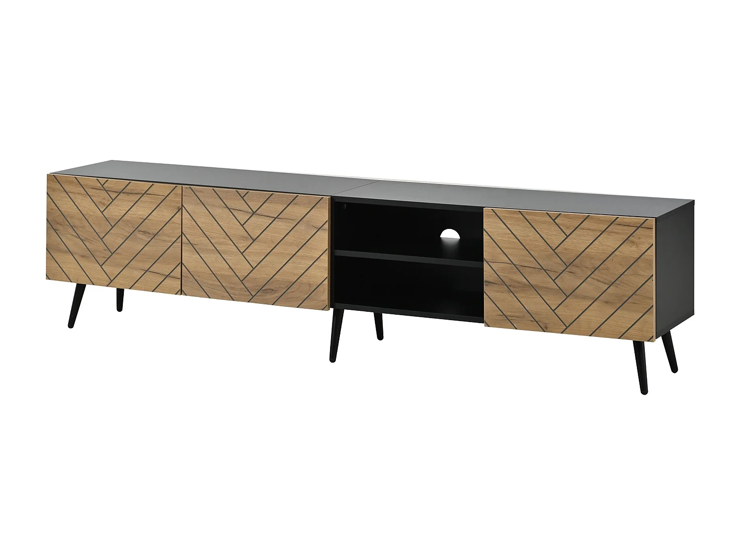 Moderne lage tv-standaard voor de woonkamer - 180 x 33,5 x 45 cm - met 3 deuren + plank - spaanplaat - naturel + zwart