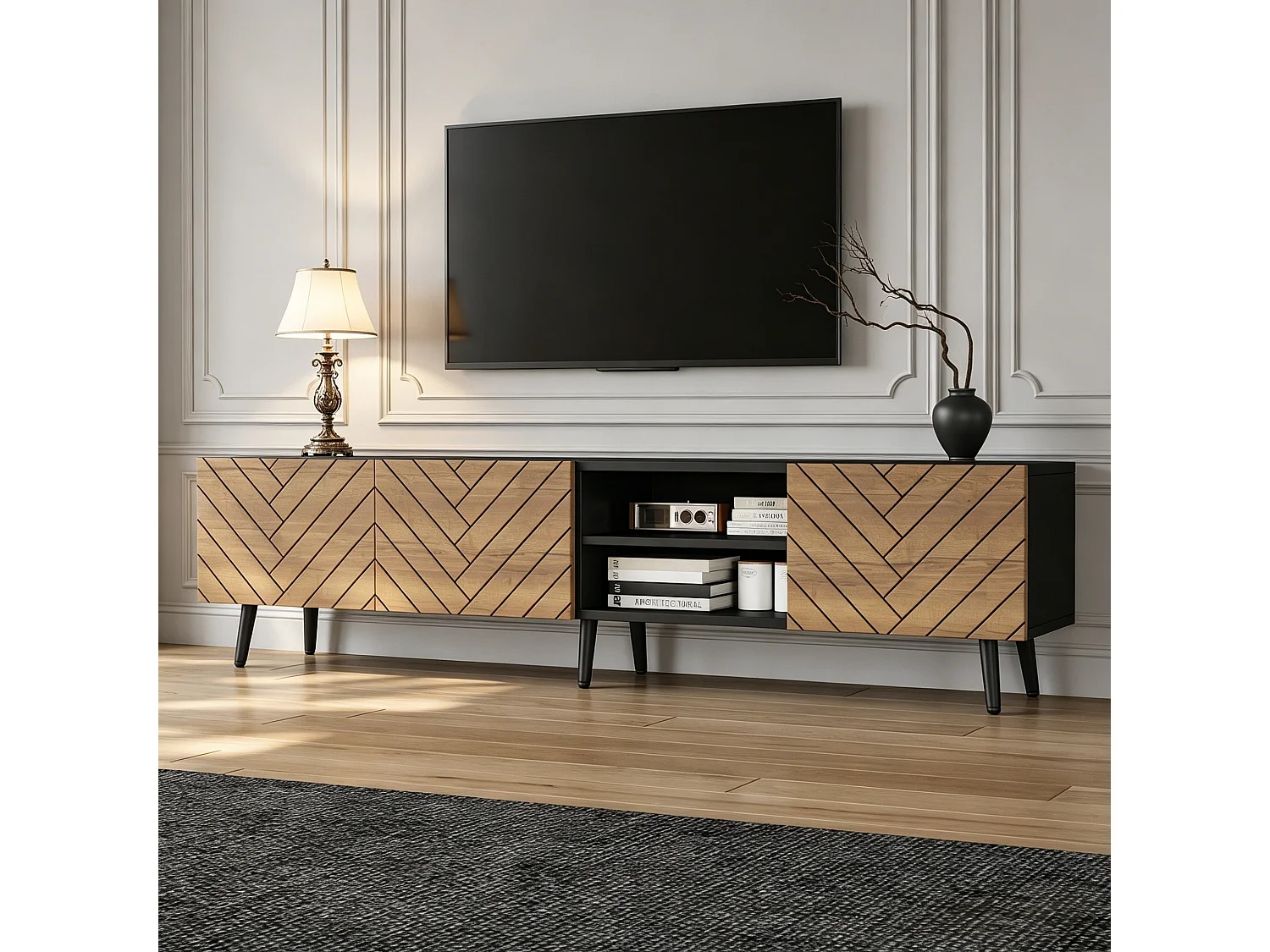 Moderne lage tv-standaard voor de woonkamer - 180 x 33,5 x 45 cm - met 3 deuren + plank - spaanplaat - naturel + zwart