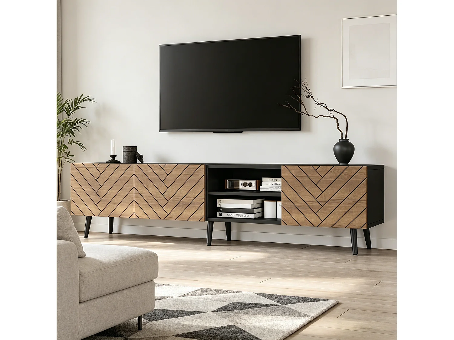 Moderne lage tv-standaard voor de woonkamer - 180 x 33,5 x 45 cm - met 3 deuren + plank - spaanplaat - naturel + zwart