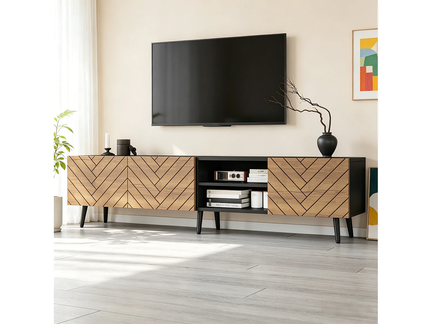 Moderne lage tv-standaard voor de woonkamer - 180 x 33,5 x 45 cm - met 3 deuren + plank - spaanplaat - naturel + zwart