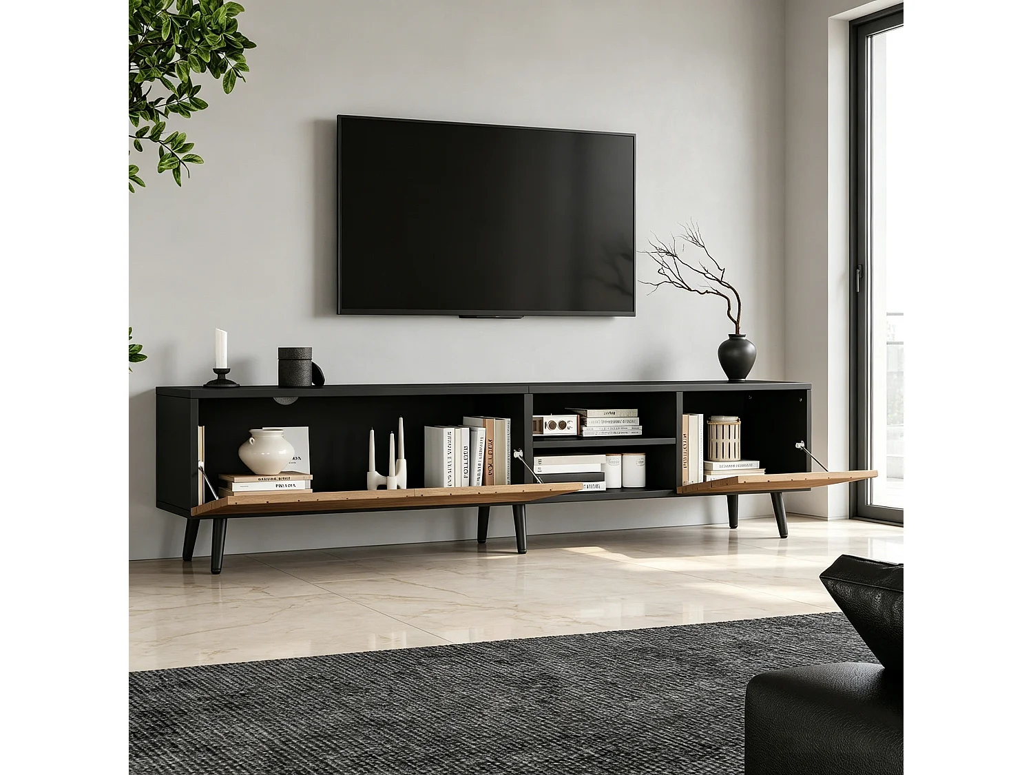 Moderne lage tv-standaard voor de woonkamer - 180 x 33,5 x 45 cm - met 3 deuren + plank - spaanplaat - naturel + zwart