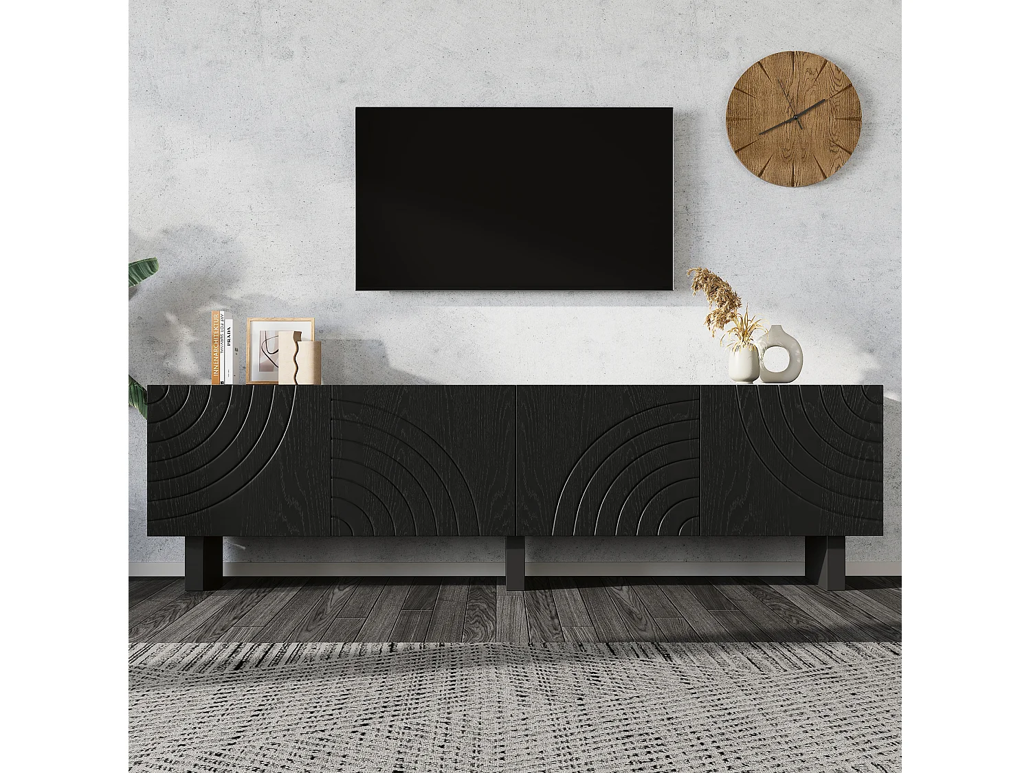 Meuble TV moderne de salon - 180 x 40 x 55 cm - avec 4 portes - pour TV 75 pouces - aggloméré - noir