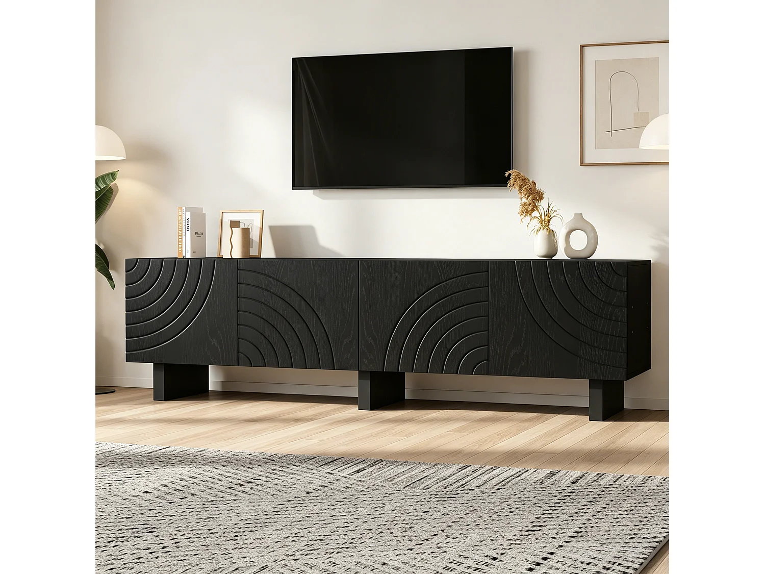 Meuble TV moderne de salon - 180 x 40 x 55 cm - avec 4 portes - pour TV 75 pouces - aggloméré - noir