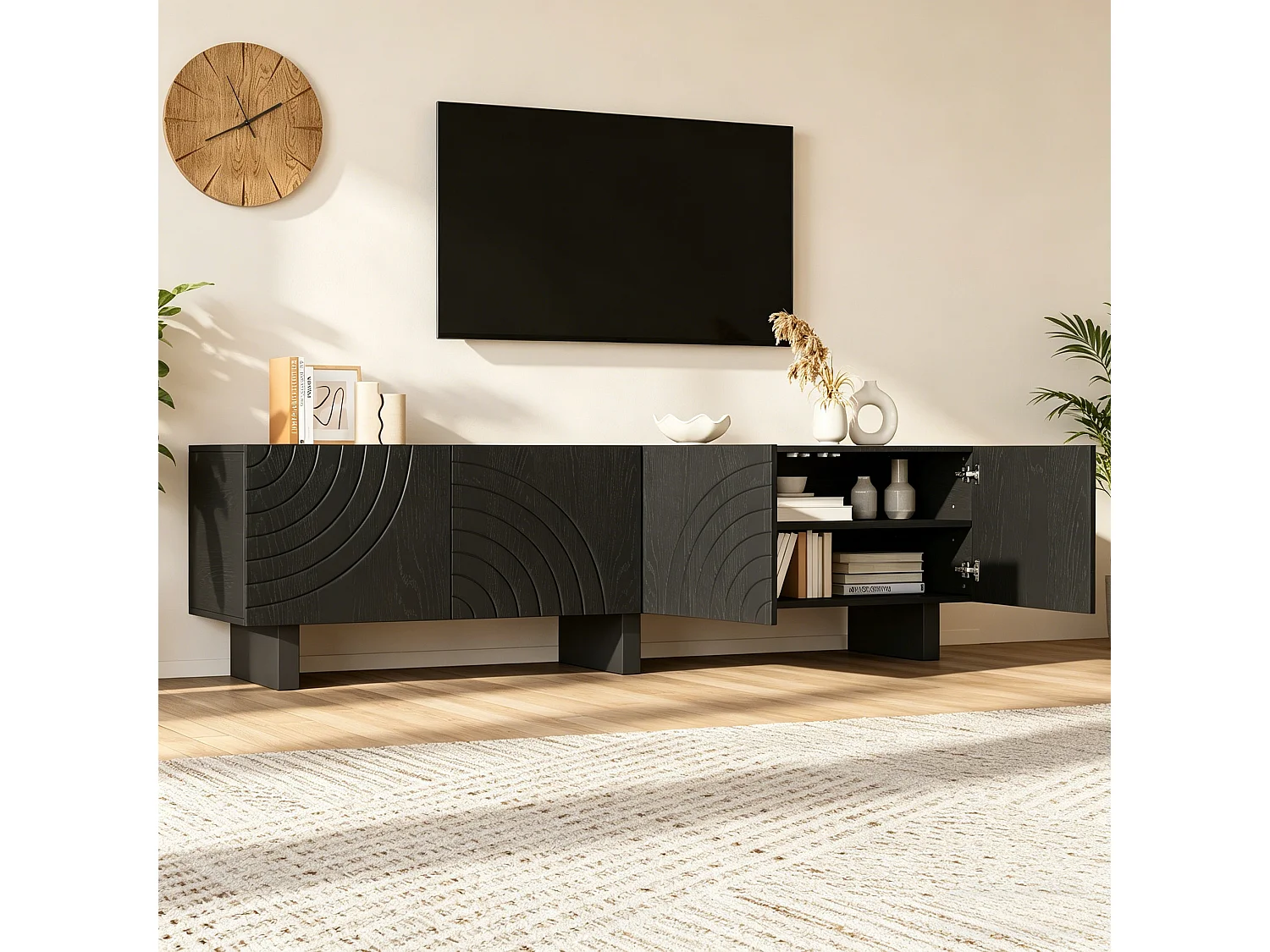 Meuble TV moderne de salon - 180 x 40 x 55 cm - avec 4 portes - pour TV 75 pouces - aggloméré - noir