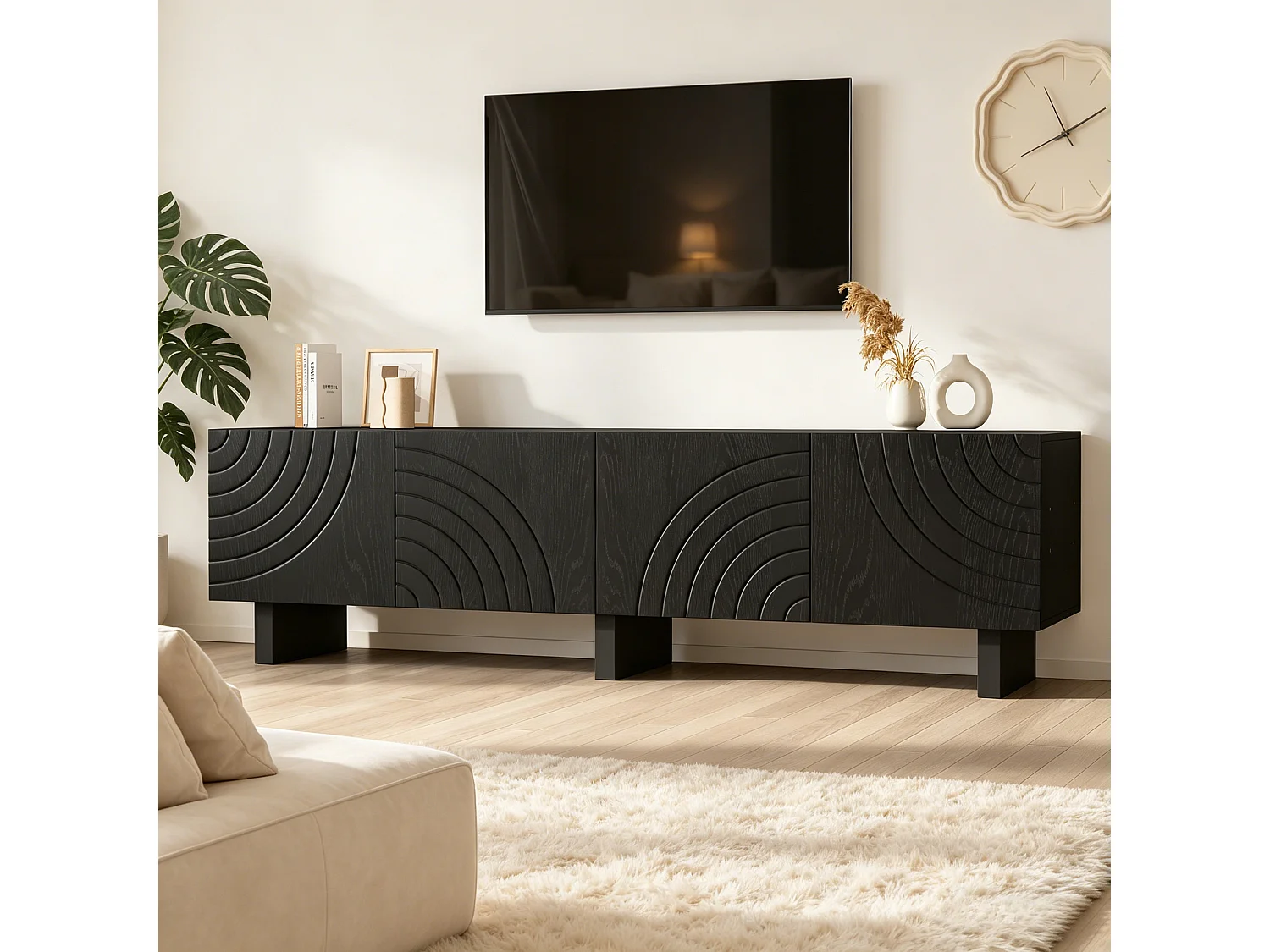 Meuble TV moderne de salon - 180 x 40 x 55 cm - avec 4 portes - pour TV 75 pouces - aggloméré - noir