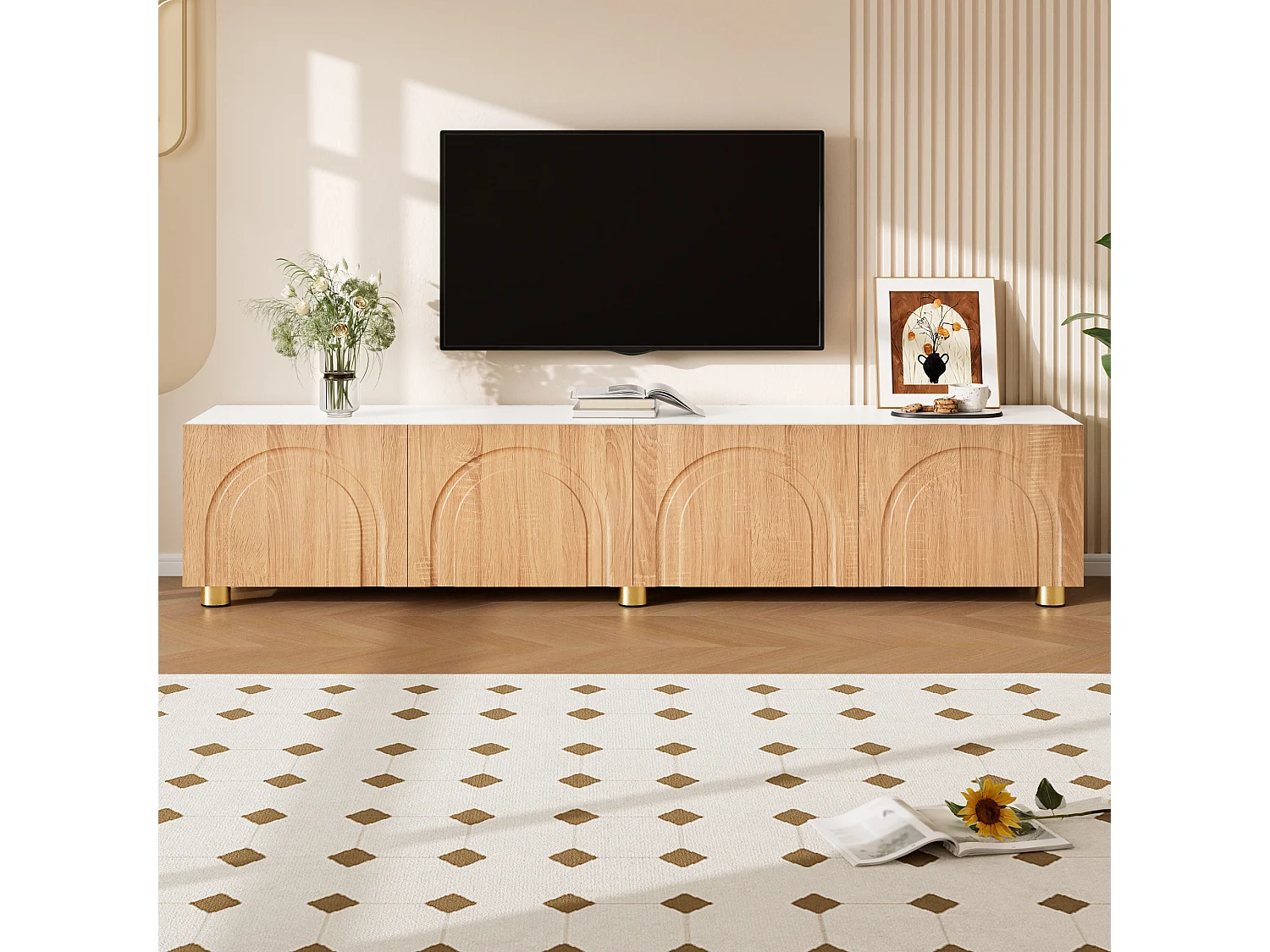 Moderne lage tv-standaard voor de woonkamer - 180 x 35 x 40 cm - met 4 deuren - metalen poten - MDF + spaanplaat - naturel