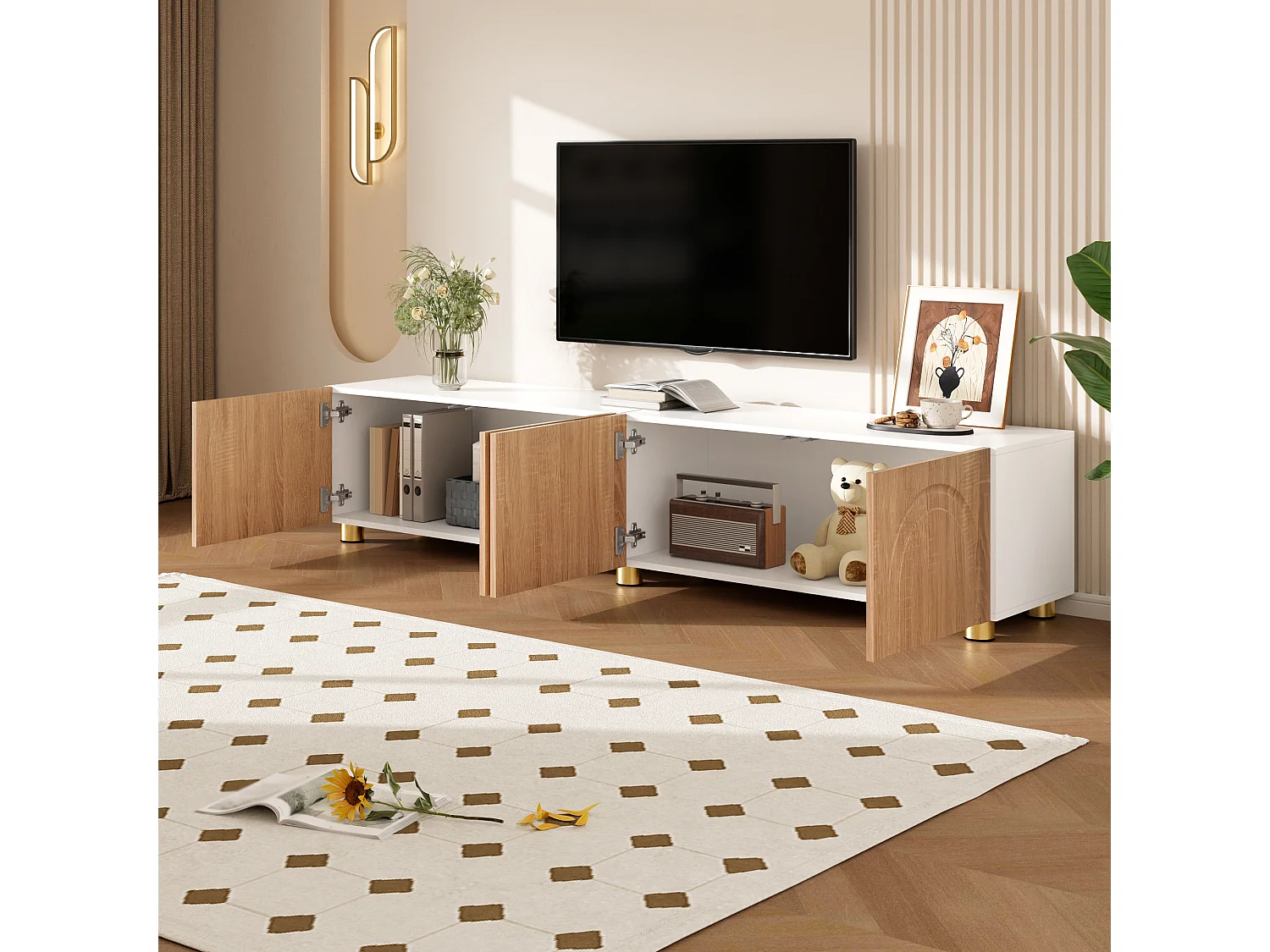 Moderne lage tv-standaard voor de woonkamer - 180 x 35 x 40 cm - met 4 deuren - metalen poten - MDF + spaanplaat - naturel