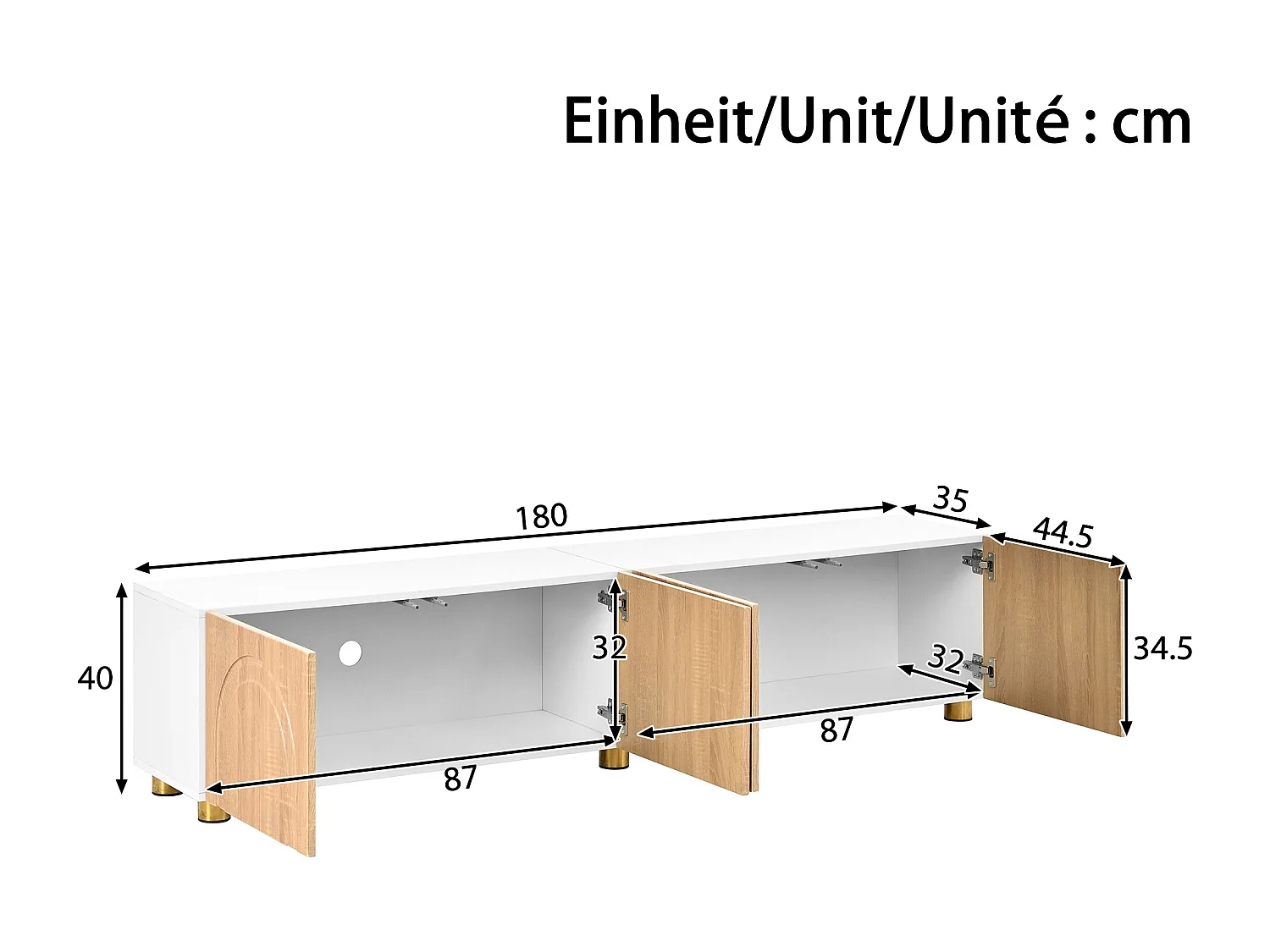 Moderne lage tv-standaard voor de woonkamer - 180 x 35 x 40 cm - met 4 deuren - metalen poten - MDF + spaanplaat - naturel