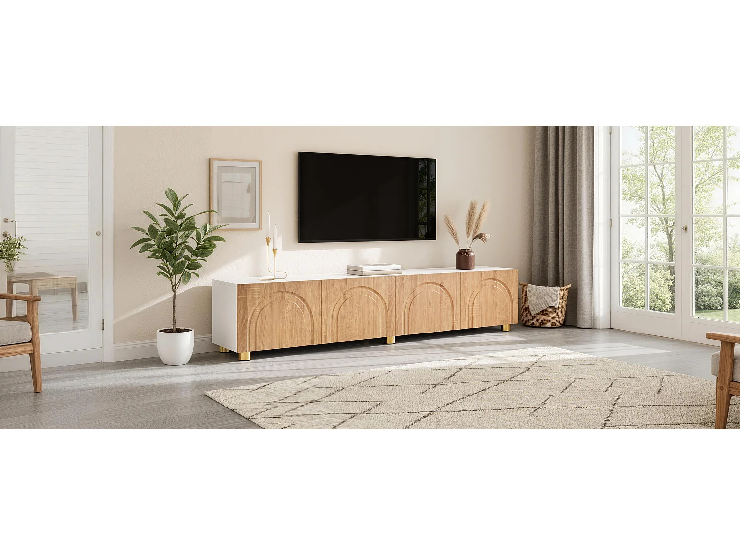 Moderne lage tv-standaard voor de woonkamer - 180 x 35 x 40 cm - met 4 deuren - metalen poten - MDF + spaanplaat - naturel