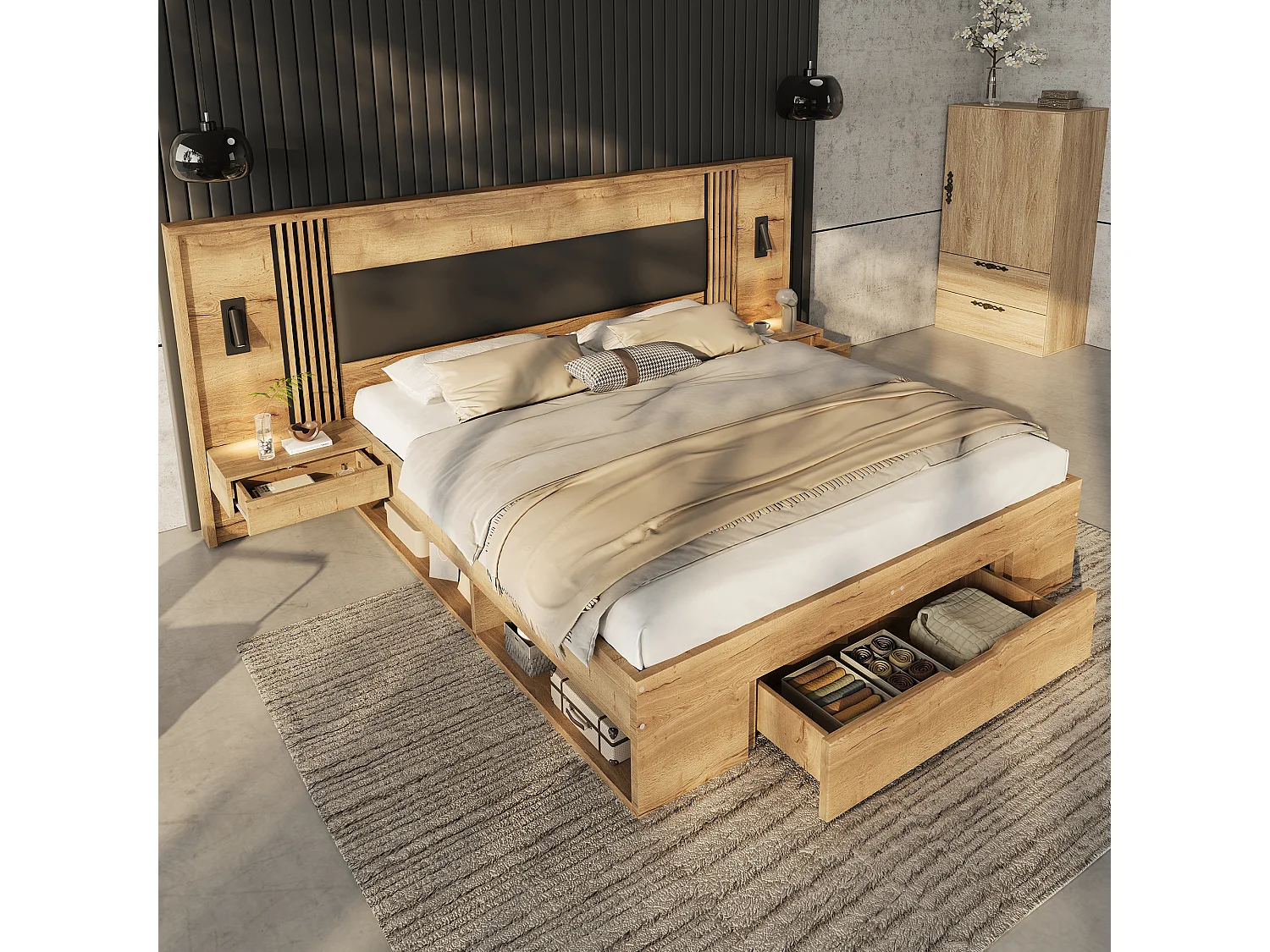 Lit coffre double - 180 x 200 cm - avec lampe de lecture + 2 tables de chevet + tiroirs - bois - naturel（avec matelas)