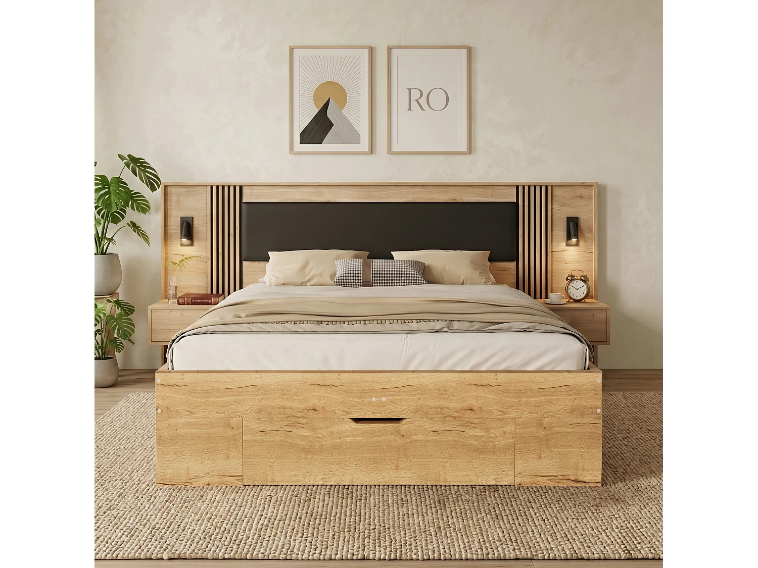 Lit coffre double - 180 x 200 cm - avec lampe de lecture + 2 tables de chevet + tiroirs - bois - naturel（avec matelas)