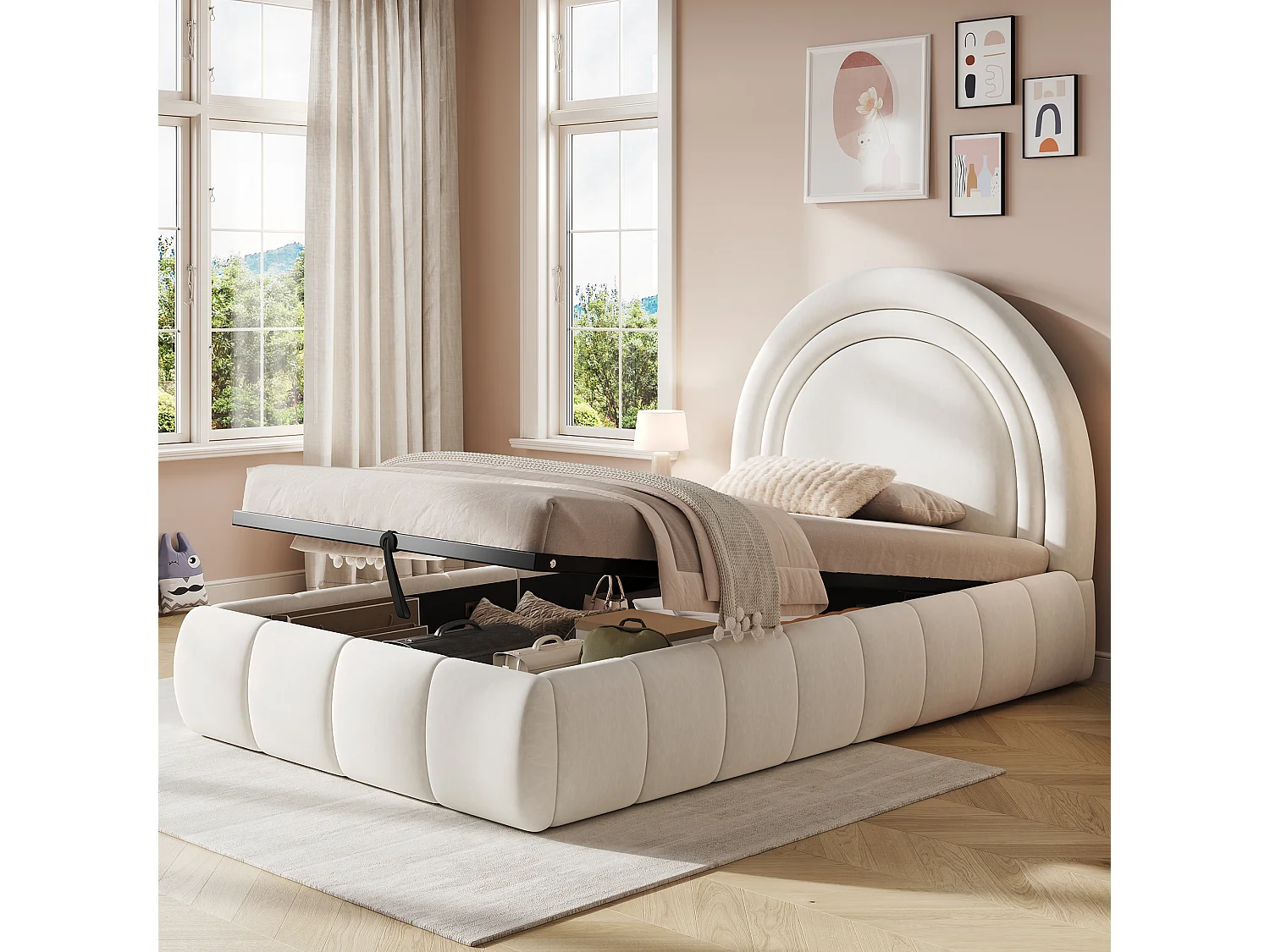 Lit coffre rembourré enfant - 90 x 200 cm - avec rangement hydraulique + tête de lit - velours - beige