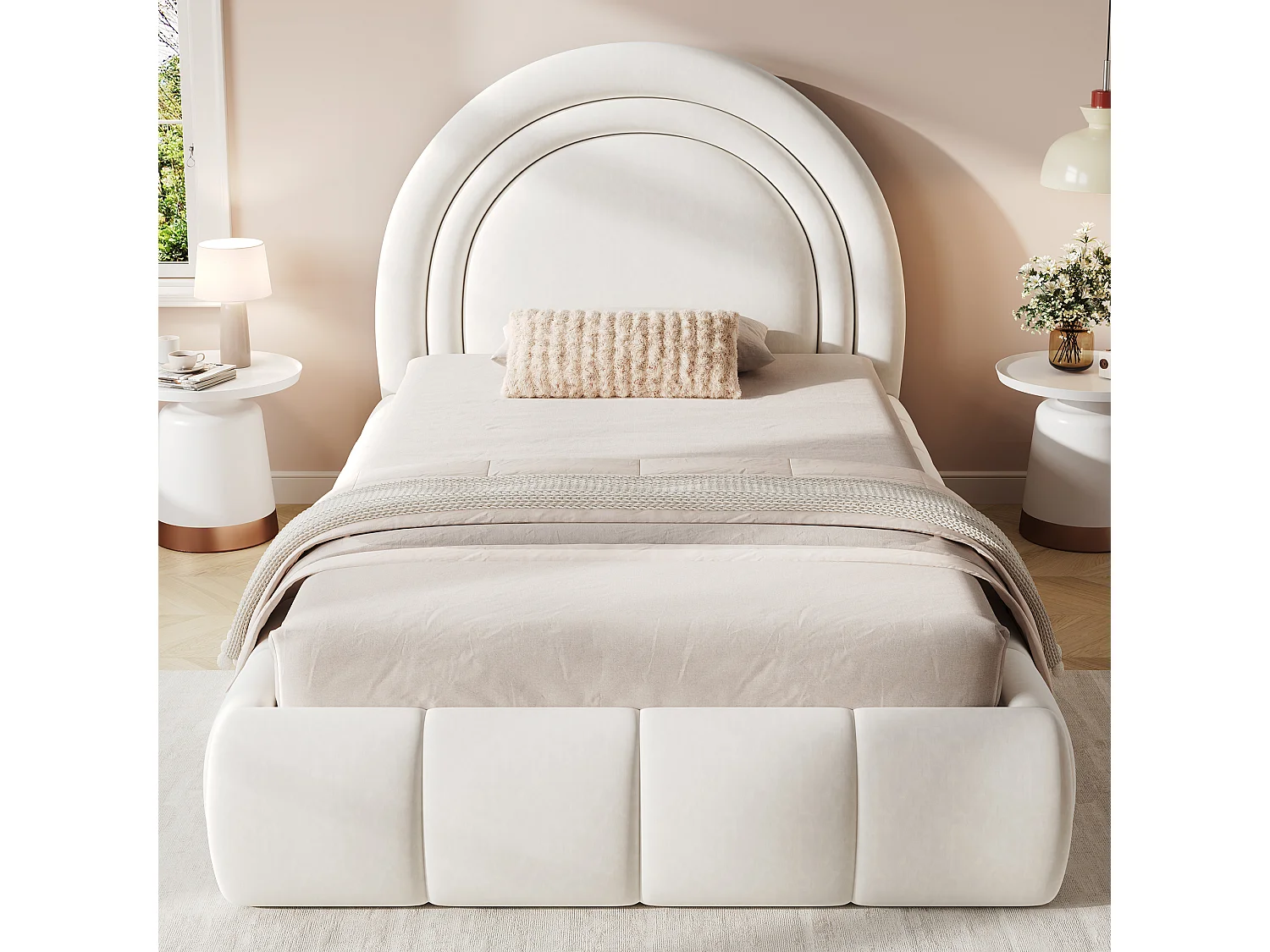 Lit coffre rembourré enfant - 90 x 200 cm - avec rangement hydraulique + tête de lit - velours - beige
